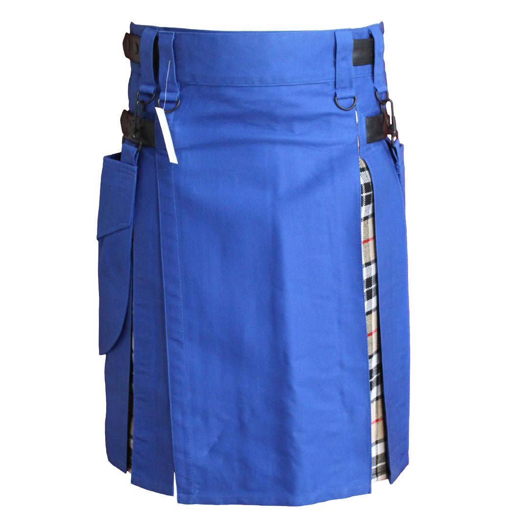 Royal Blue Hybrid Kilt with Tartan Pattern - Traditional Scottish Style Kilt for Men, Perfect for Weddings, Highland Games & Celtic Festivals