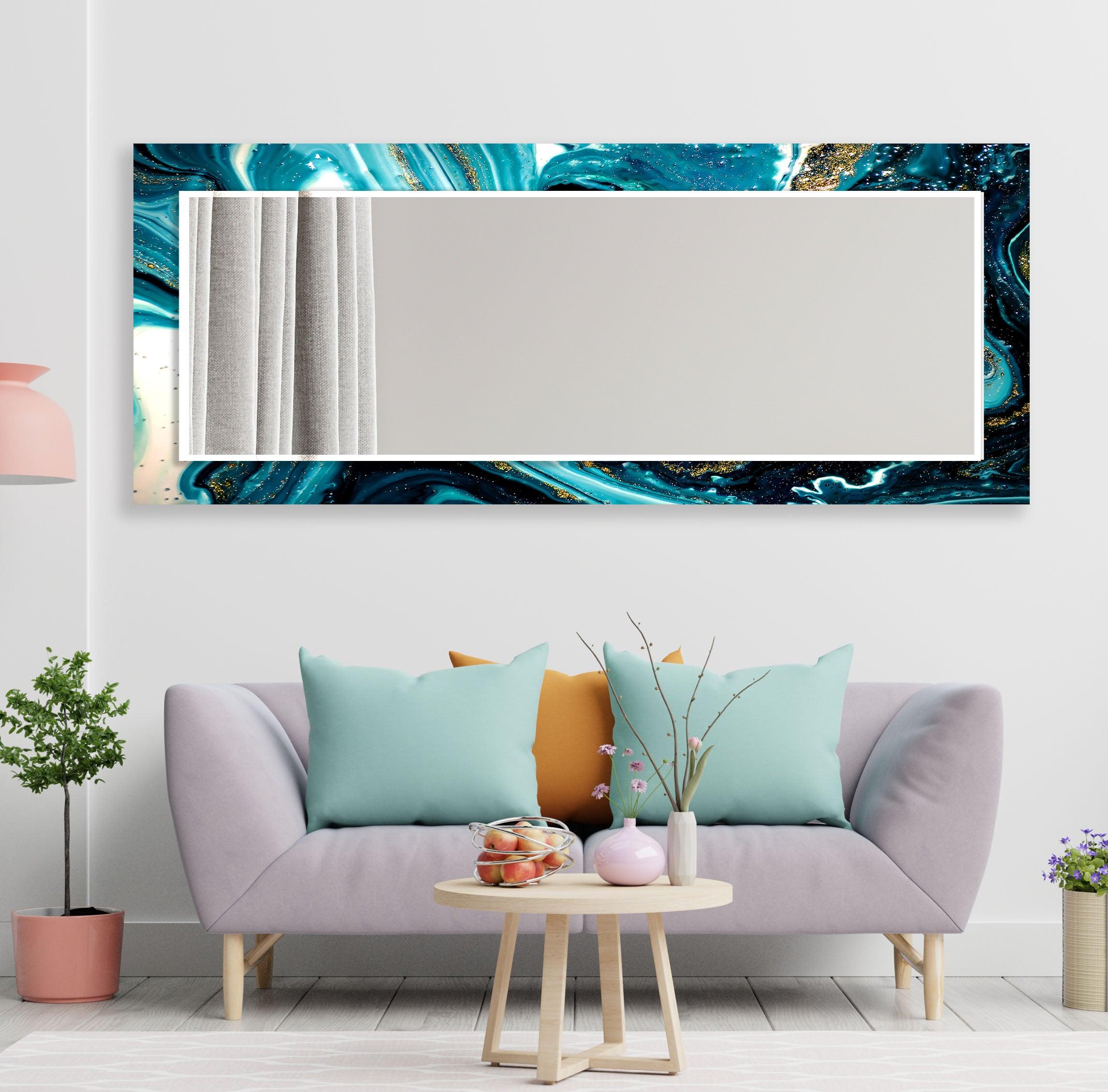 Stylish Blue and White Epoxy Wall Mirror - Modern Decorative Bathroom & Bedroom Vanity Mirror - Perfect for Home Decor, Dressing Areas, and Interior Design Accents