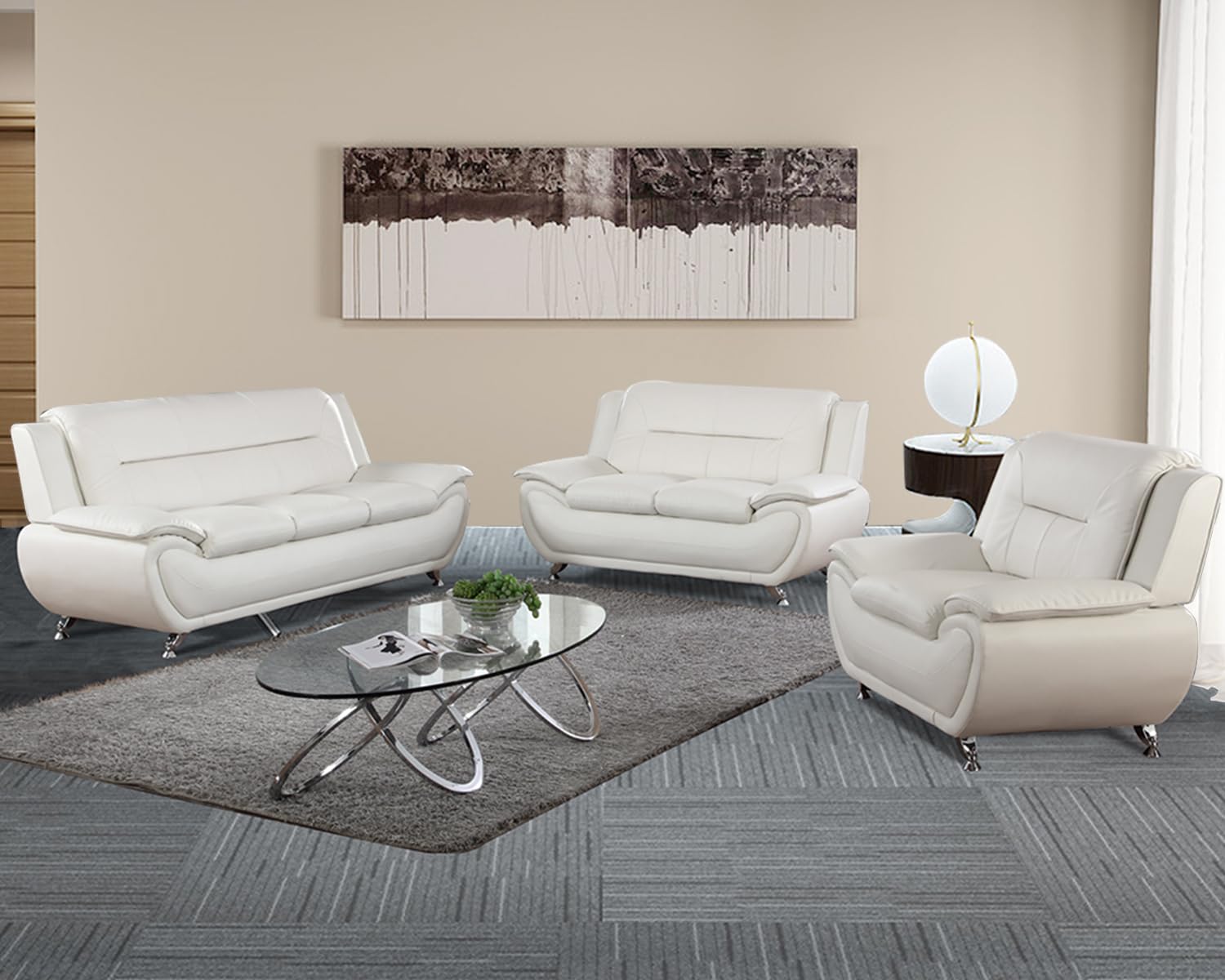 3-Piece Modern Leather Living Room Furniture Set - Cream White Sofa, Loveseat & Armchair | Comfortable Couch Set for Home Theater, Family Gatherings & Cozy Lounging