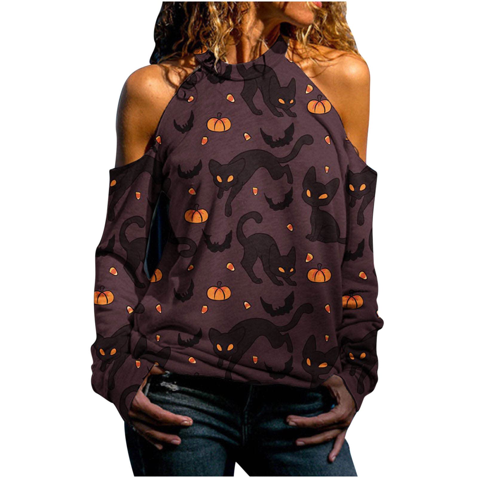 Sexy Halloween Off Shoulder Graphic Print Long Sleeve Tops for Women - Gothic Party Costume & Spooky Holiday Outfit
