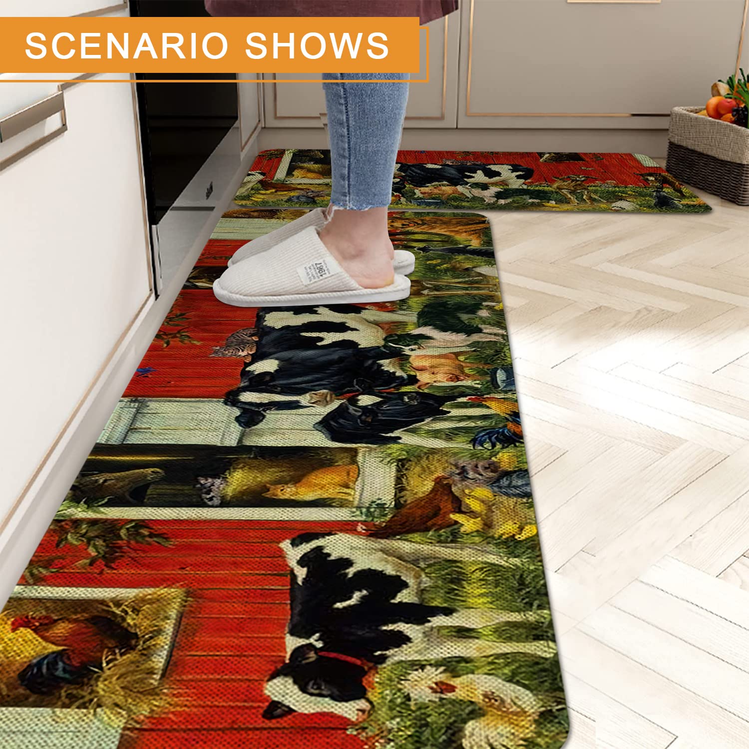 Farmhouse Kitchen Rugs Set of 2 - Non-Slip Washable Floor Mats with Farm Animal Design (17x29 & 17x47 Inch) for Home Decor, Holiday Cooking & Seasonal Kitchen Accents - Perfect for Country Style Kitchens and Cozy Farmhouse Aesthetics