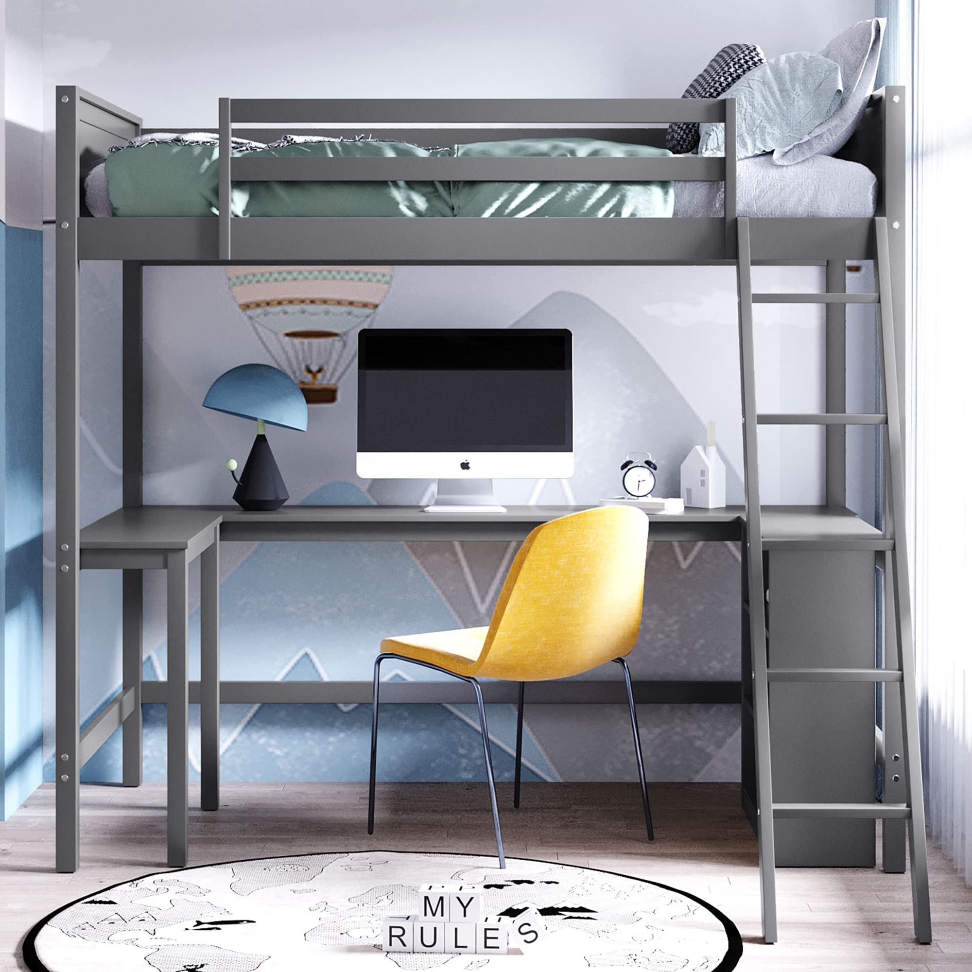 P PURLOVE Twin Size Wooden Loft Bed with Long Desk & Shelves - Space Saving Kids & Teens High Loft Bed for Small Bedroom, Dorm Room or Studio Apartment - Perfect for Study, Sleep & Storage Organization