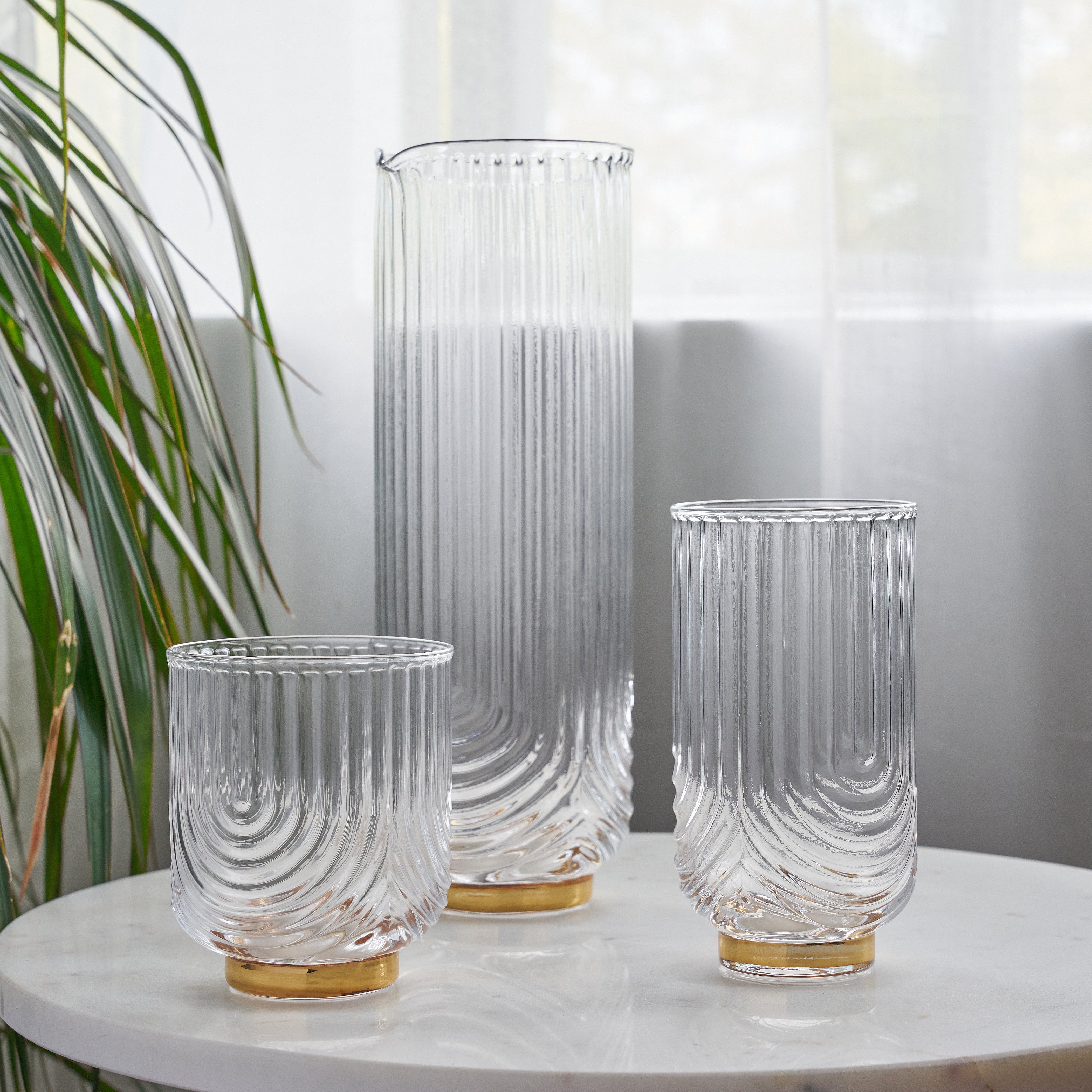 Premium Gatsby Glass Carafe with Elegant Design - 34oz/1L Pitcher for Water, Juice & Iced Tea - Perfect for Home, Office & Entertaining Guests - BPA-Free, Dishwasher Safe Glass Beverage Dispenser