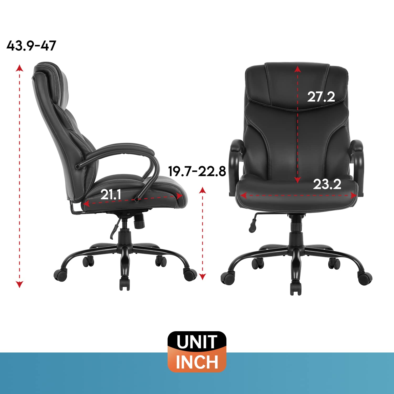 Big and Tall 500lbs Office Chair - Wide Seat Executive Desk Chair with Lumbar Support & Adjustable Arms - High Back PU Leather Ergonomic Computer Chair for Back Pain Relief - Perfect for Home Office, Gaming & Workspaces (Black)