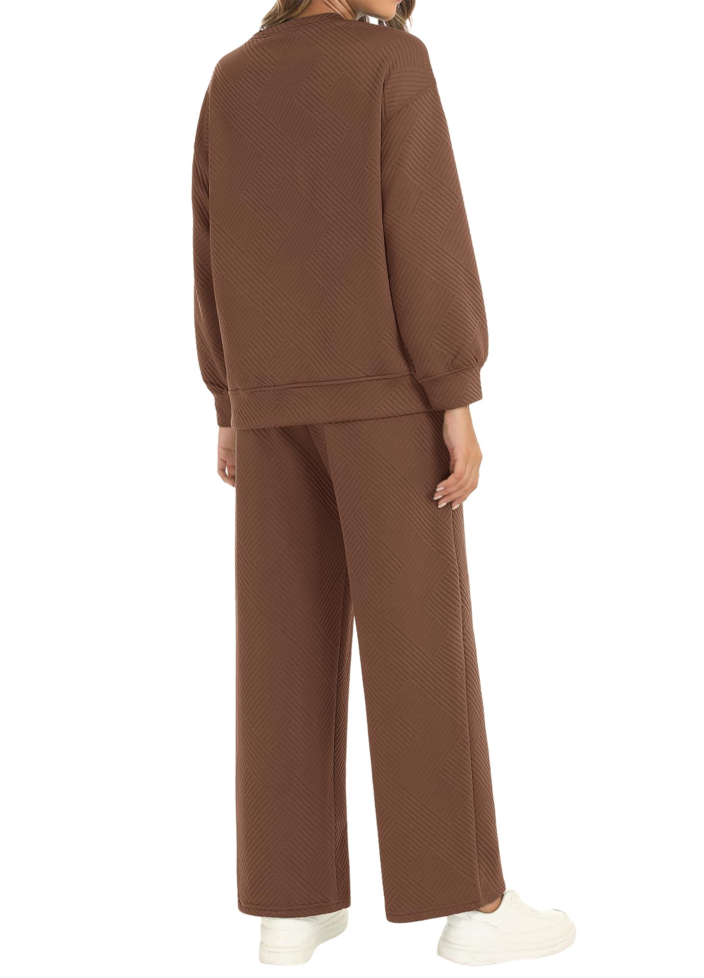 Women's 2-Piece Fall Outfit Set - Long Sleeve Pullover Top & Drawstring Wide Leg Pants Textured Lounge Sweatsuit | Cozy Autumn Loungewear for Home, Travel & Casual Outings
