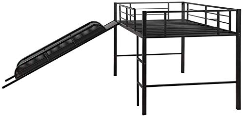 **Metal Twin Low Loft Bed with Slide & Guardrails for Kids - Safe Toddler Bed for Boys & Girls, No Box Spring Needed, Space-Saving Multifunctional Design (Black) - Perfect for Small Bedrooms, Playrooms & Dorm Decor**