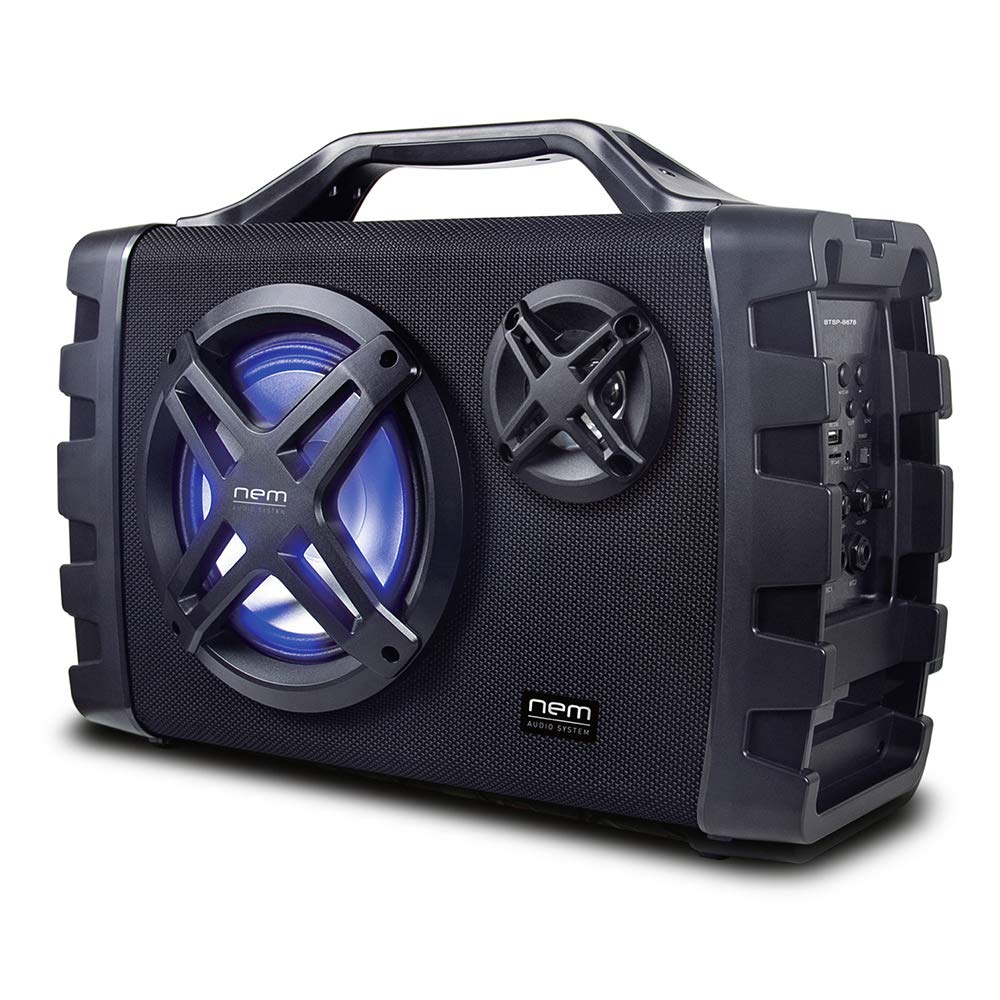 Premium NEM Mobi7e Portable Bluetooth Speaker with Powerful Bass, USB Recording, Rechargeable Battery, AUX/TF Card Input, FM Radio, MP3 Playback, Mic & Guitar Ports, LED Lights (Black) - Perfect for Outdoor Parties, Travel, Home Entertainment & Karaoke Nights