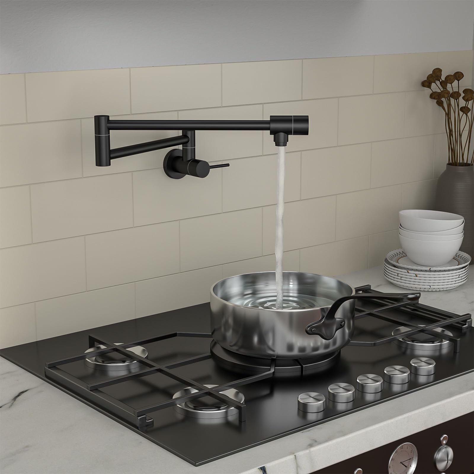 Stainless Steel Wall Mounted Pot Filler Faucet - Matte Black Folding Single Hole Two Handle Kitchen Sink Faucet for Stove & Cooking Area | Perfect for Home Chefs & Professional Kitchens