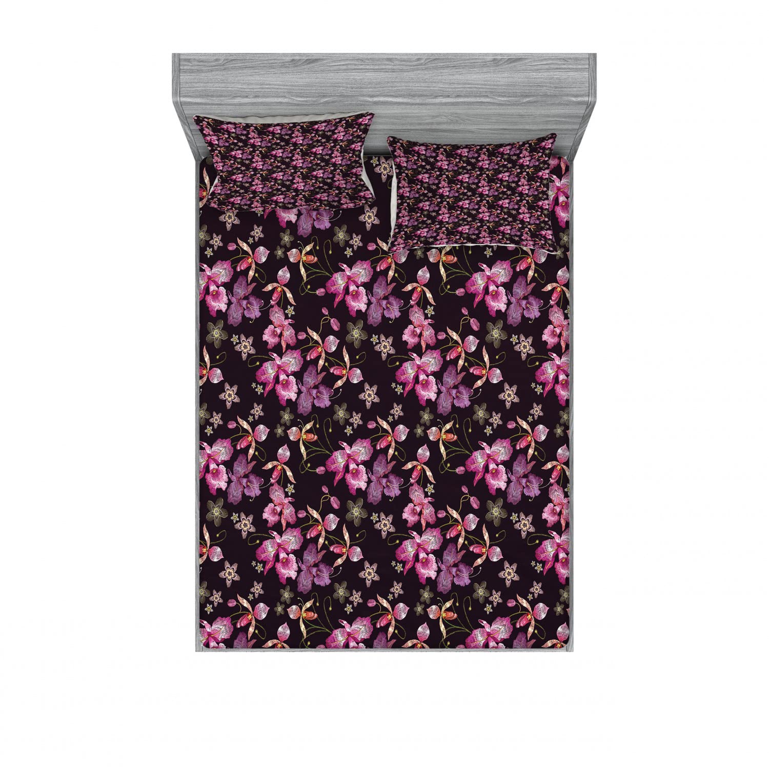 Ambesonne Orchids 2-Pack King Size Fitted Sheet & Pillow Sham Set - Retro Wild Flowers Design, 4-Piece Bedding Collection (2 Fitted Sheets & 4 Pillow Covers) in Black Coral & Pink - Perfect for Master Bedroom, Guest Room & Bohemian Home Decor