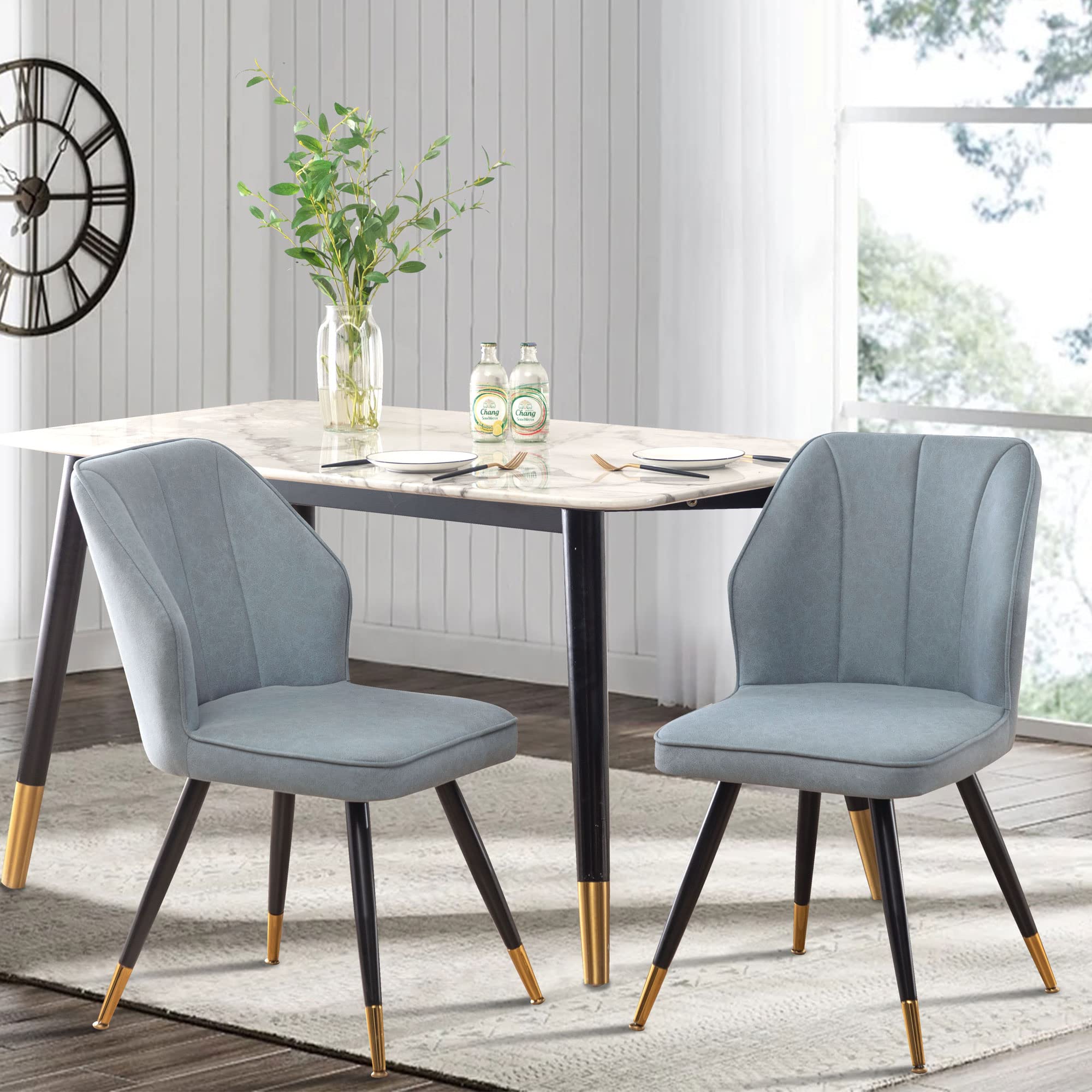 Modern Upholstered Dining Chairs Set of 2 - Armless Kitchen & Dining Room Chairs with Blue Fabric & Sturdy Metal Legs - Perfect for Home, Office, Restaurant & Cafe Seating