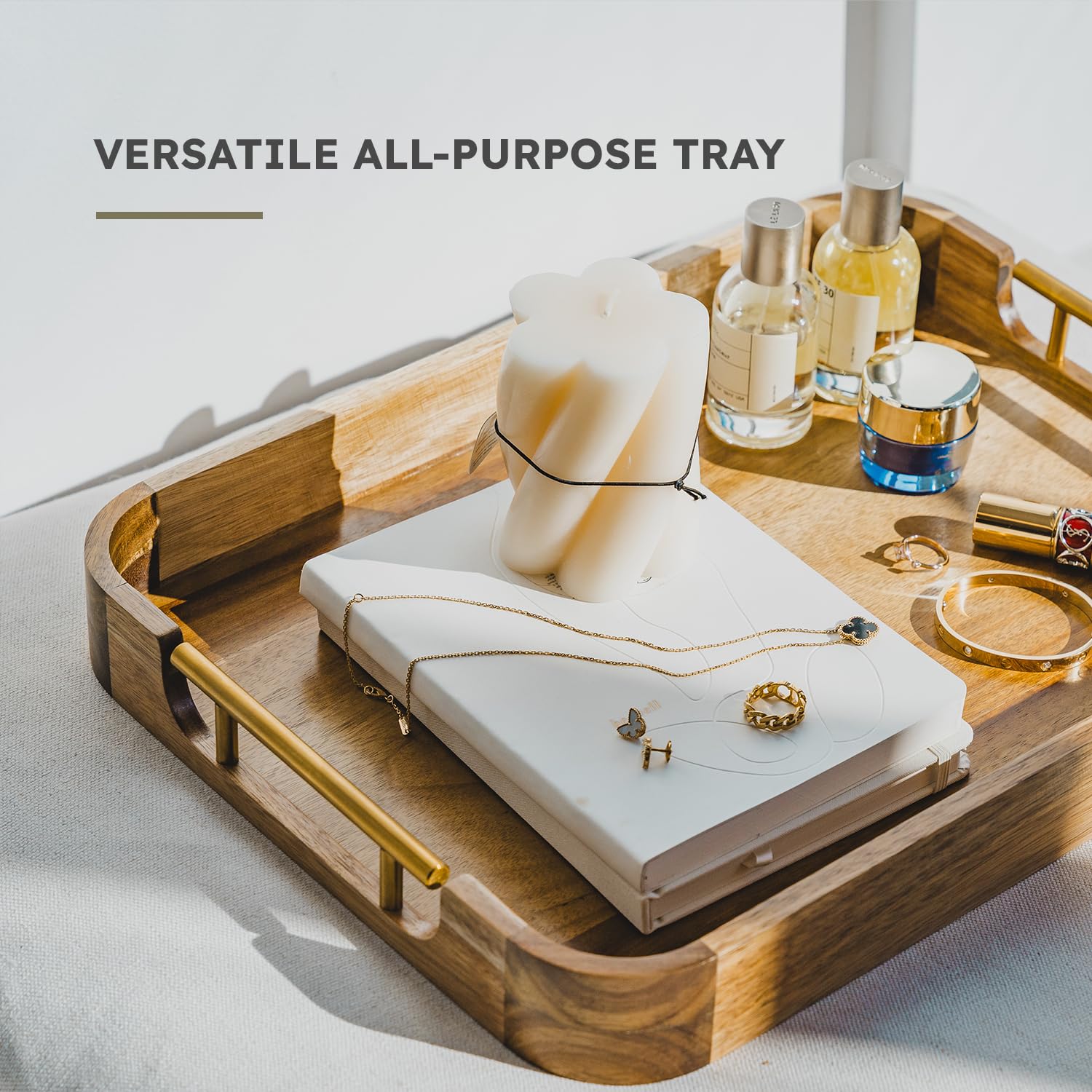 17x13 Inch Acacia Wood Ottoman Tray with Handles - Decorative Serving Tray for Coffee Table, Breakfast in Bed & Ottoman - Non-Slip Wooden Tray with Anti-Skid Pads - Perfect for Living Room, Bedroom & Home Decor