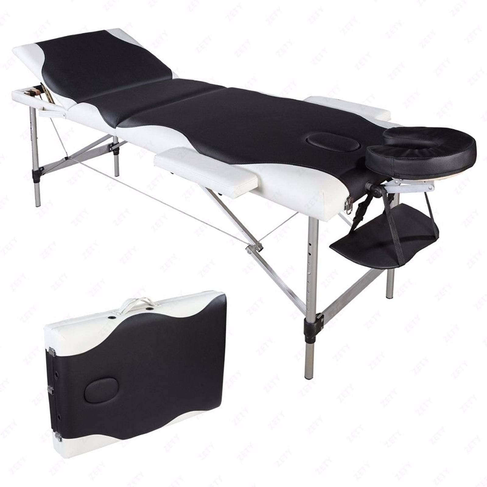 3-Section Folding Aluminum Massage Table - Portable SPA & Bodybuilding Therapy Bed with White Edge (Black) - Perfect for Professional Massage, Physical Therapy, and Home Relaxation
