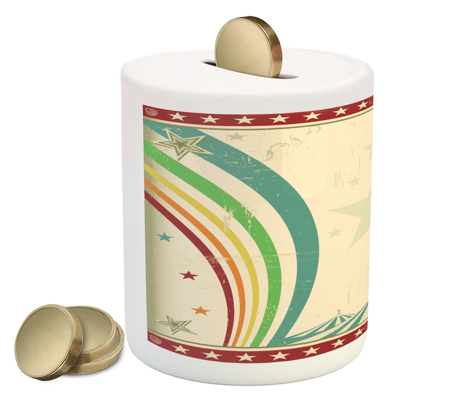 Vintage Rainbow Piggy Bank - Retro Circus Tents Design with Stars & Curved Lines, Ceramic Coin Bank for Cash Saving, 3.6