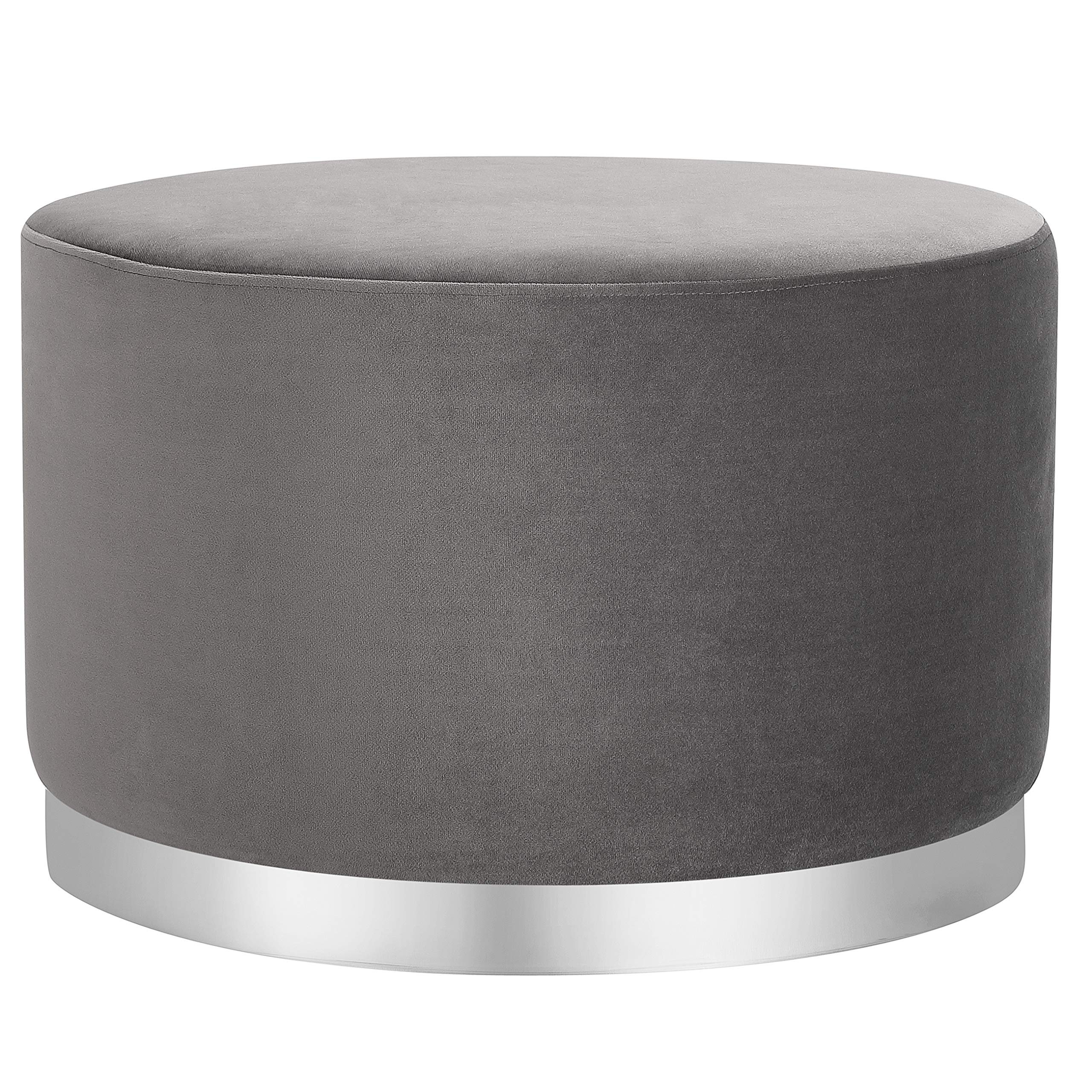 BIRDROCK HOME Large Round Velvet Ottoman Pouf with Silver Trim - Soft Padded Foot Rest Stool for Living Room, Bedroom & Office - Grey Velvet Decor - Perfect as Coffee Table Ottoman, Shoe Storage Seat, Vanity Stool or Desk Footrest
