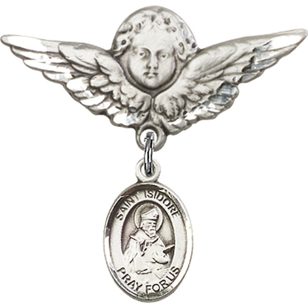 Sterling Silver Baby Badge Pin - St. Isidore of Seville Charm & Angel Wing Pendant - Perfect for Christening, Baptism Gifts & First Communion Jewelry