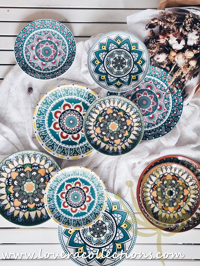 Mandala Green & White Salad Plate Set - Elegant Hand-Painted Ceramic Dinnerware for Home & Restaurant Use - Perfect for Salads, Appetizers, Desserts & Party Serving