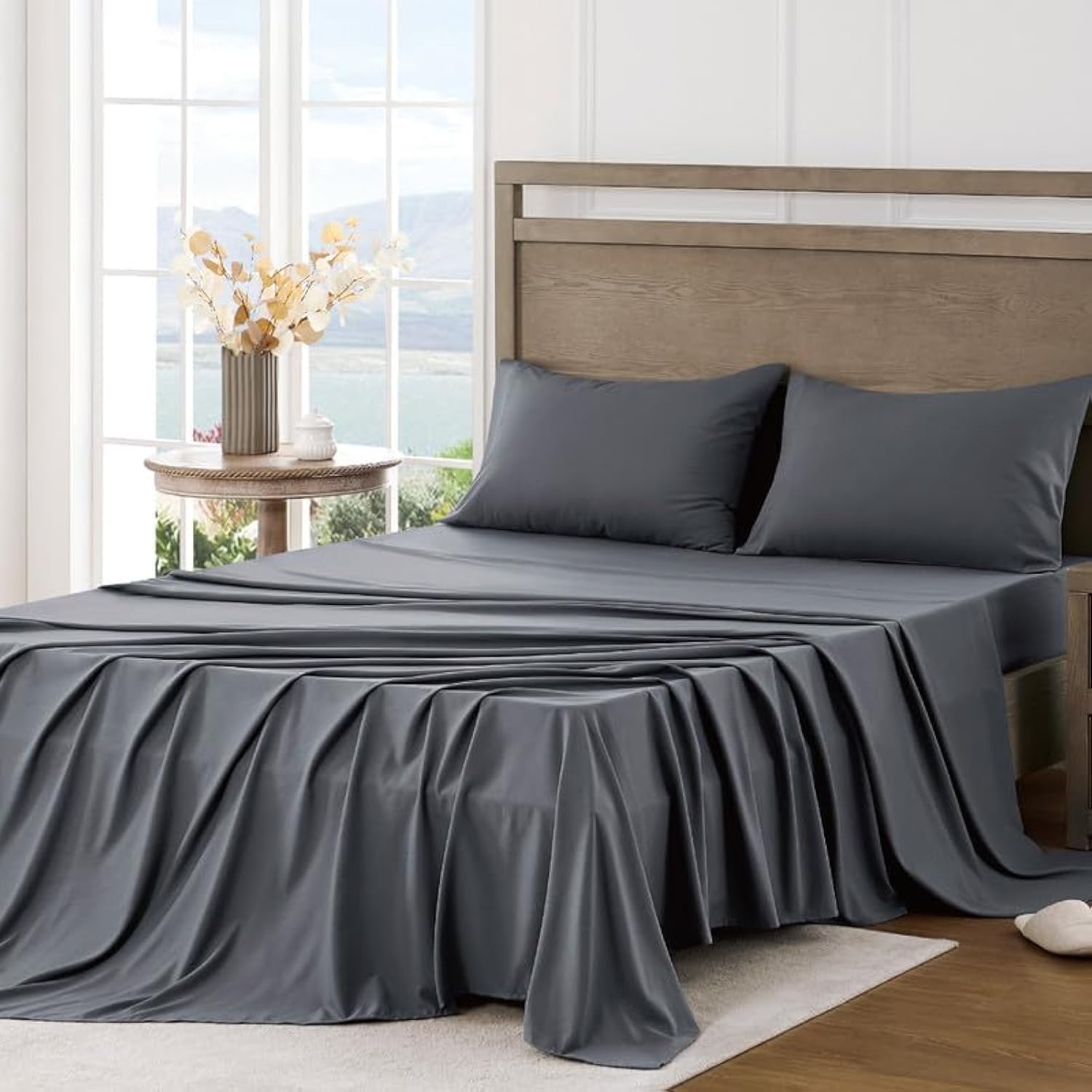 FreshCulture Queen Sheet Set - Ultra Soft Brushed Microfiber Bed Sheets for Queen Size Bed with Deep Pockets | Cooling, Breathable & Easy Care | 4-Piece Luxury Hotel Quality Bedding (Dark Grey) - Perfect for Home, Dorm, Guest Room & Airbnb