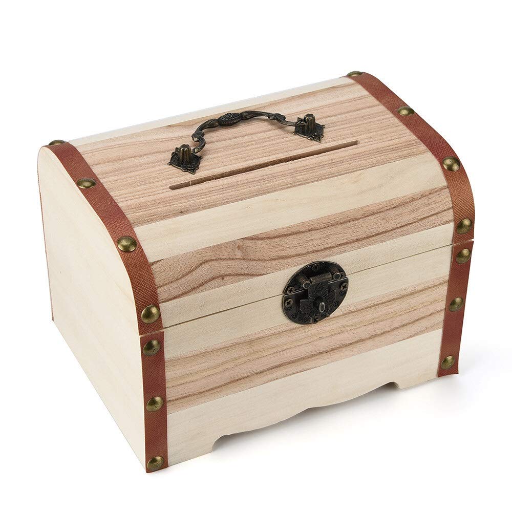 Handmade Wooden Piggy Bank with Lock - Wood Carving Coin Box for Kids & Adults - Safe Money Saving Box for Birthday Gifts, Home Decor & Financial Education