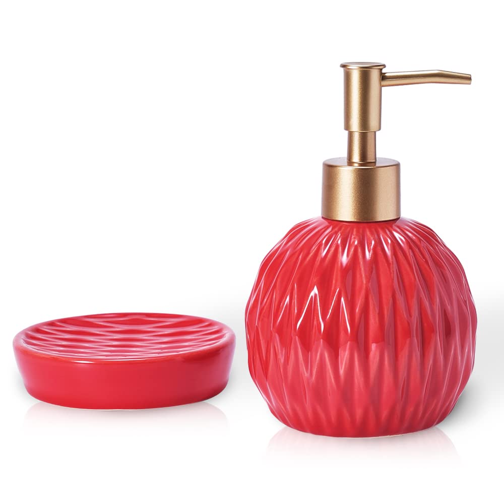 Classic Round Ceramic Soap Dispenser and Soap Dish Set with Gold Pump - Elegant Embossed Rhombus Design for Bathroom Decor (Red) | Perfect for Modern Vanities, Guest Bathrooms & Spa-Style Showers