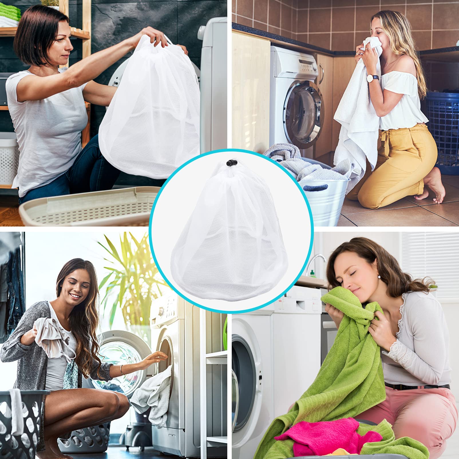SOLUSTRE 4-Pack Fine Mesh Laundry Bags for Delicates, Lingerie & Travel Toiletries - White Polyester Drawstring Washing Bags for Gentle Garment Care (Perfect for Travel, Gym & Hand Wash)