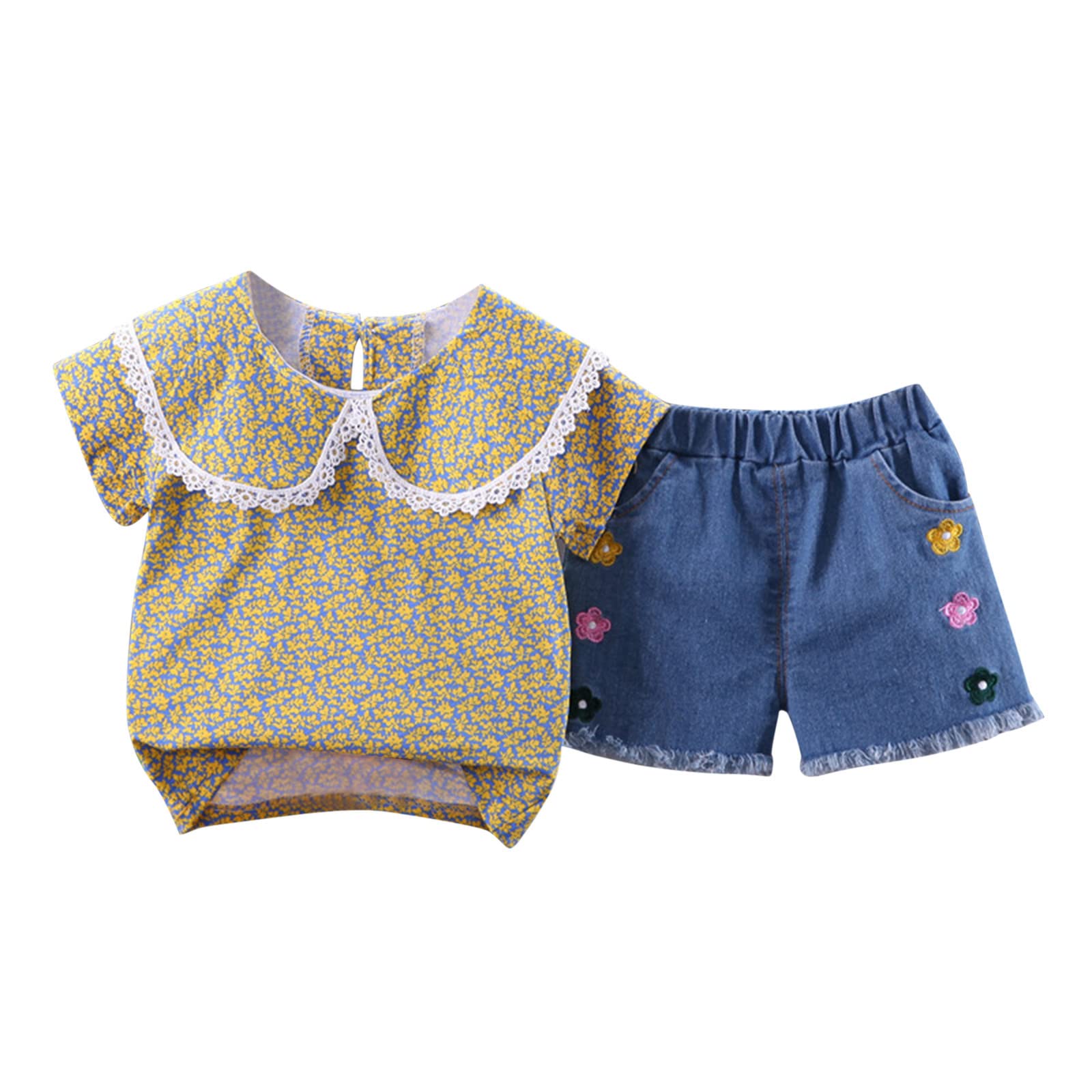 Toddler Girls Summer Outfit Set - Floral Print Short Sleeve T-Shirt & Denim Shorts | Cute Baby Girl Clothes for Playdates, Beach Trips & Outdoor Activities