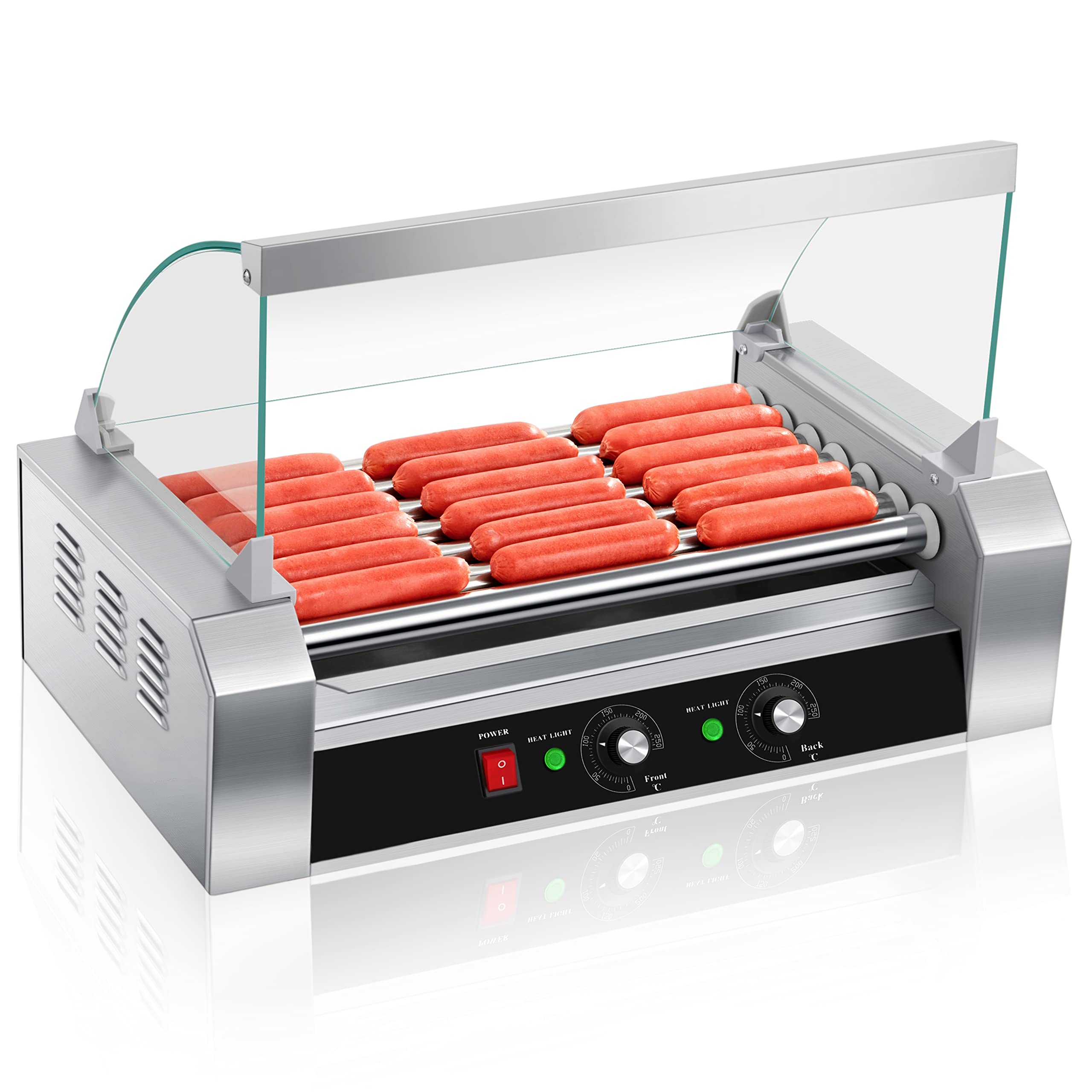 Premium SYBO Hot Dog Roller Machine - 18 Hot Dog Capacity, 7 Non-Stick Stainless Steel Rollers, 1000W Commercial Grill with Detachable Glass Cover (ETL Certified) - Perfect for Restaurants, Food Trucks, Carnivals & Home BBQs