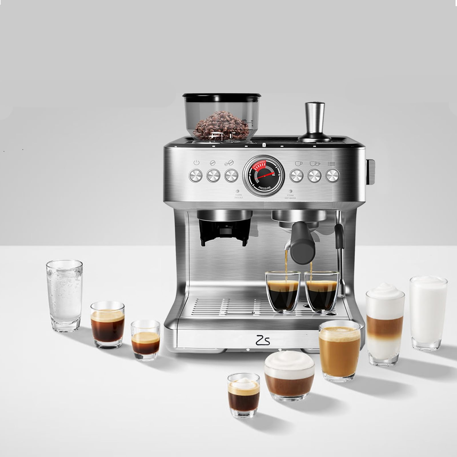 GlowSol 20-Bar Semi Automatic Espresso Machine with Built-in Bean Grinder & Milk Frother, 2.8L Water Tank - Perfect for Home Baristas to Make Latte, Cappuccino and Specialty Coffee Drinks (Ideal for Kitchen, Office or Small Coffee Shop Use)