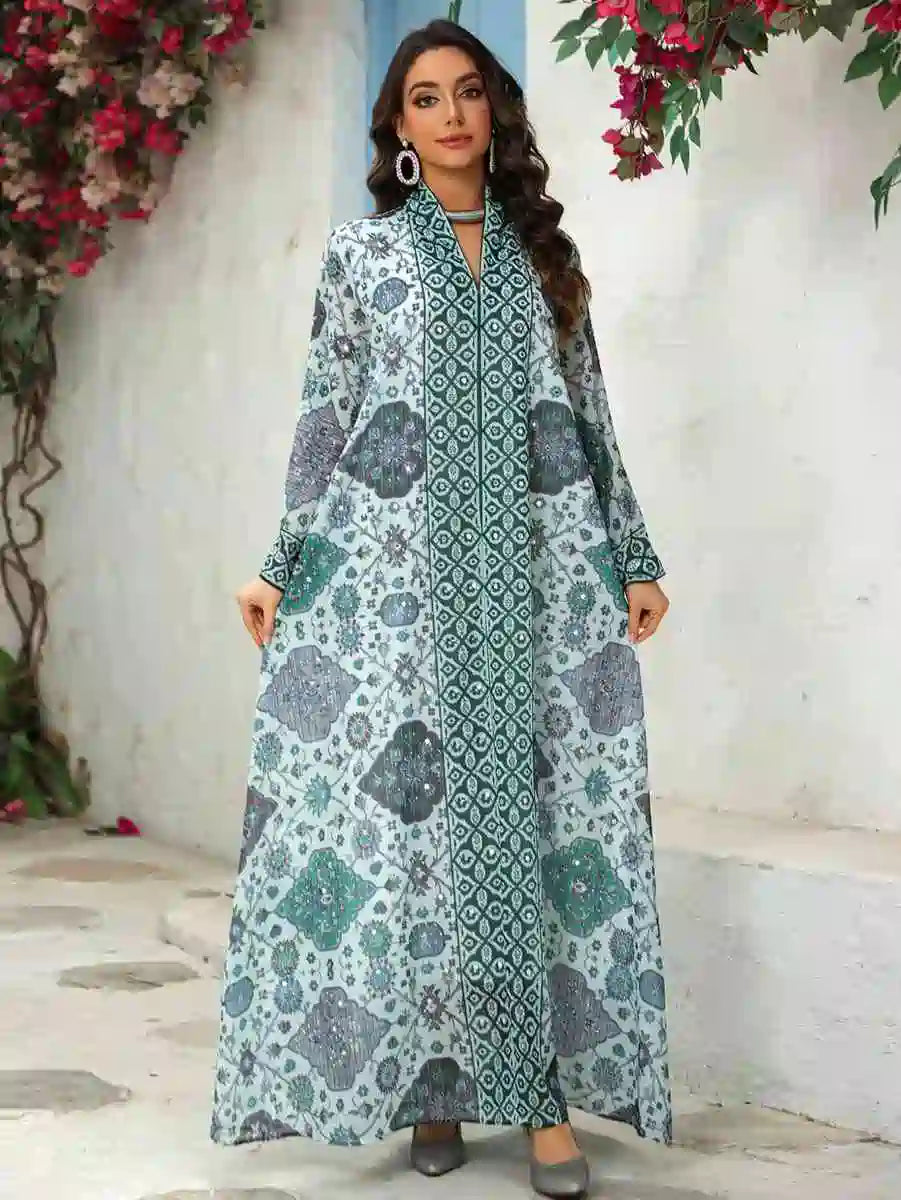 Elegant Chiffon Printed Eid Dress Caftan Kaftan for Women - Flowy Long Sleeve Maxi Dress with V-Neck - Perfect for Eid Celebrations, Weddings & Special Occasions