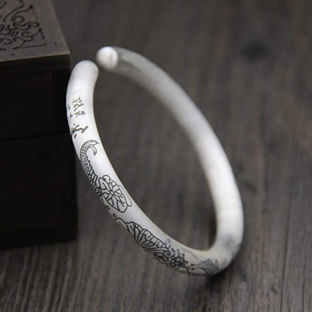 Vintage Adjustable 999 Sterling Silver Cuff Bangle Bracelet - Fish & Lotus Ethnic Design, 25G Heavy Handmade Jewelry for Men & Women | Perfect for Boho Fashion, Gift Giving & Special Occasions