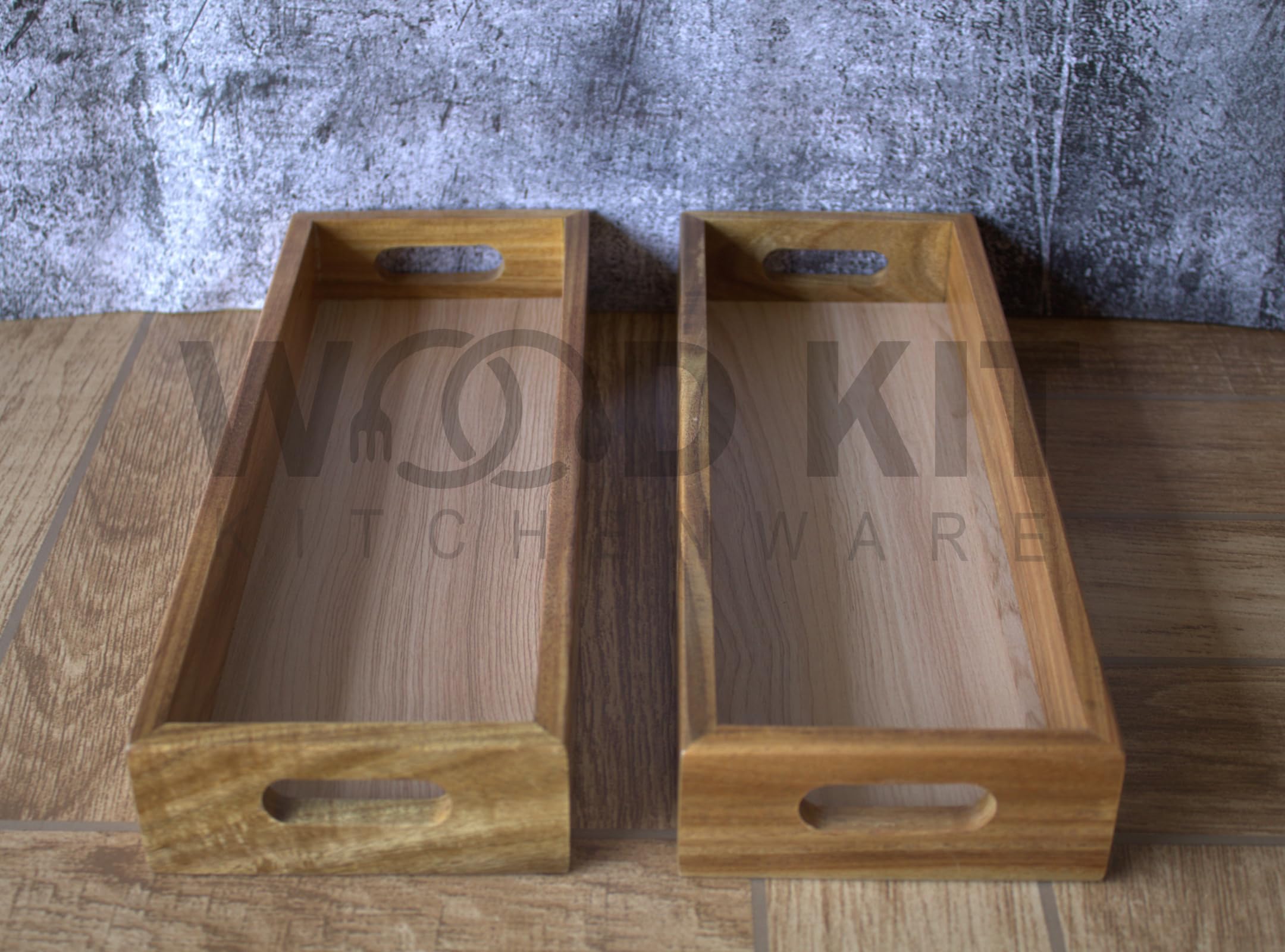 Acacia Wood Organizer Tray Set of 2 - Multipurpose Vanity & Kitchen Storage for Jewelry, Makeup, Utensils, Spices - Eco-Friendly Home & Office Desk Decor - Perfect for Bathroom Countertops, Dresser Tops, and Kitchen Counter Organization