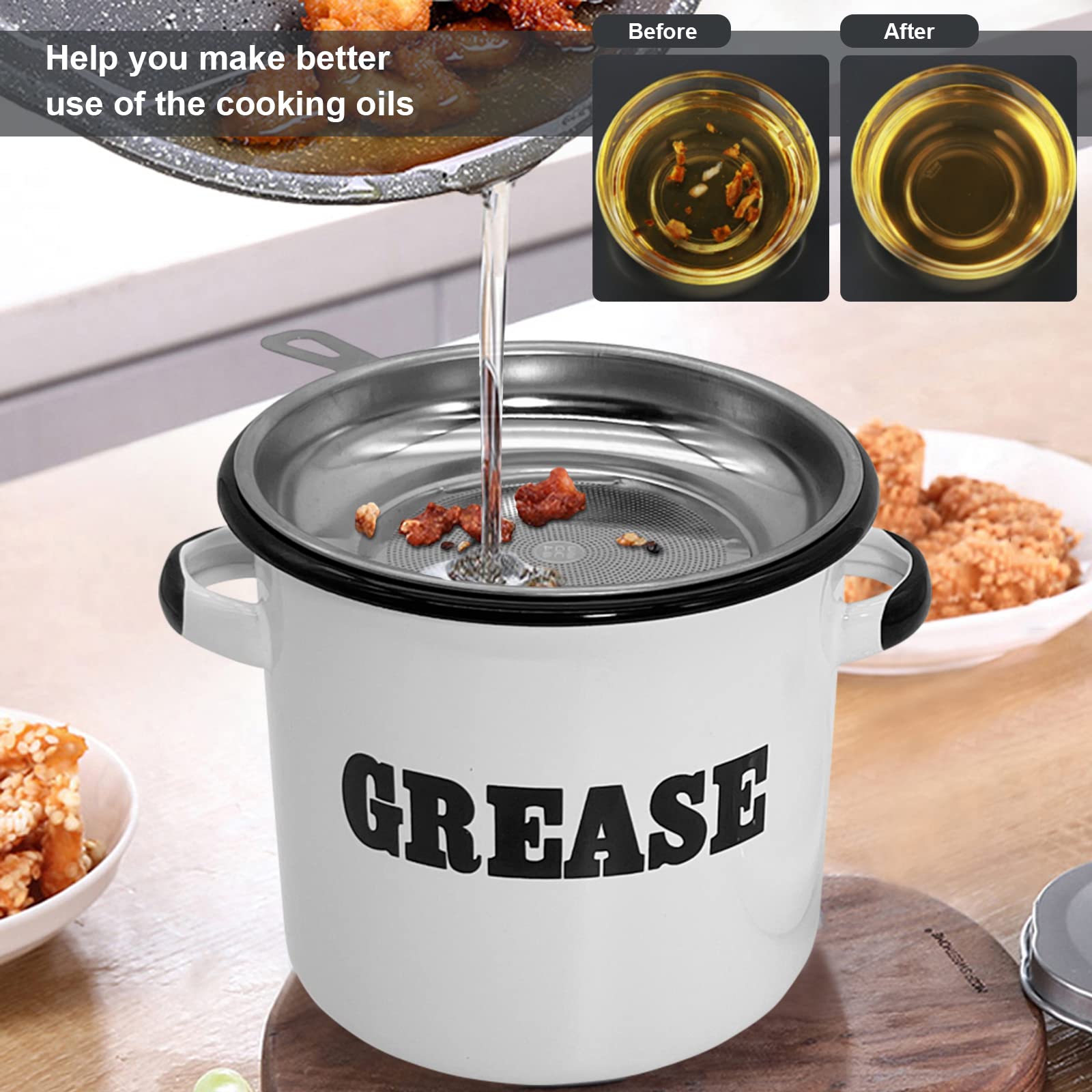 1.5L White Enamel Bacon Grease Container with Strainer - Farmhouse Kitchen Oil Storage Jar - Perfect for Collecting & Storing Cooking Oil, Bacon Drippings - Ideal for Farmhouse Decor & Home Cooking