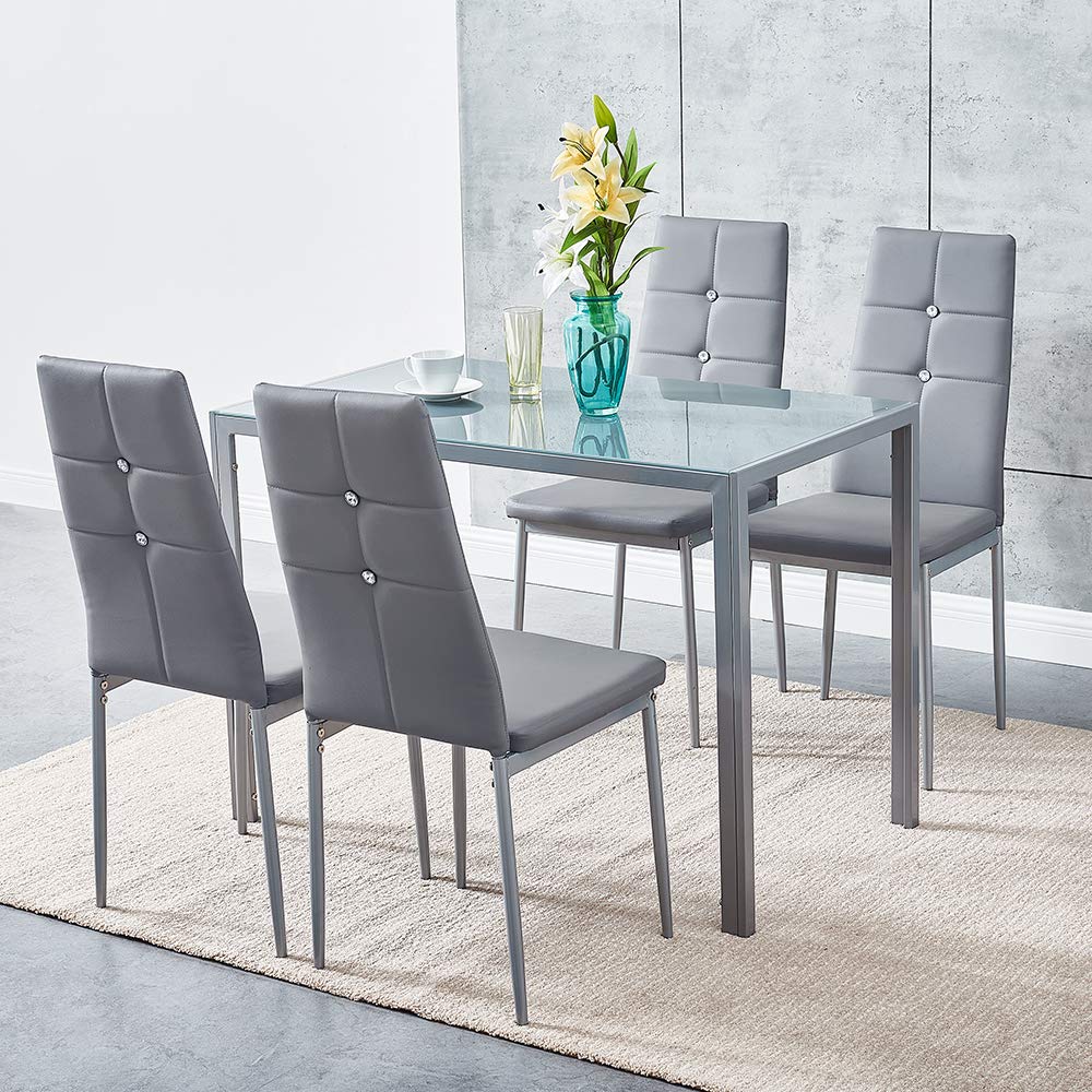 Modern Glass Dining Table Set with 4 Faux Leather Chairs - 105