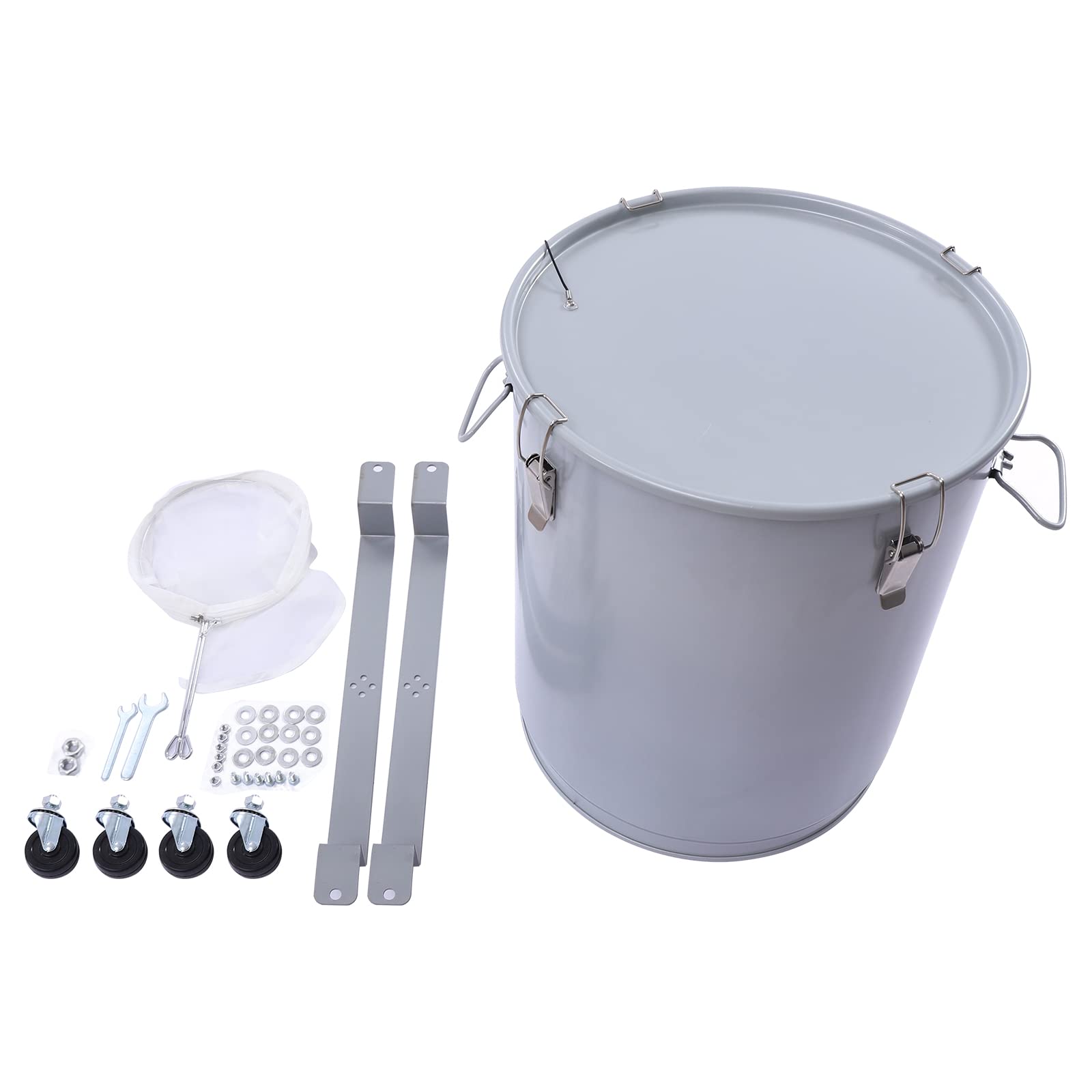 16 Gallon Fryer Grease Bucket - Steel Oil Disposal Caddy with Locking Lid & Filter Bag for Hot Cooking Oil Filtering - Perfect for Restaurants, Food Trucks & Commercial Kitchens (Silver)