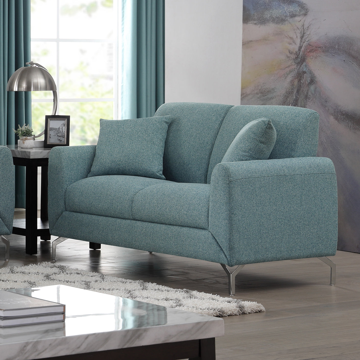 Noreen Contemporary Blue Fabric Rounded Arm Loveseat Sofa - Modern Small Couch for Living Room, Apartment & Office (2-Seater)