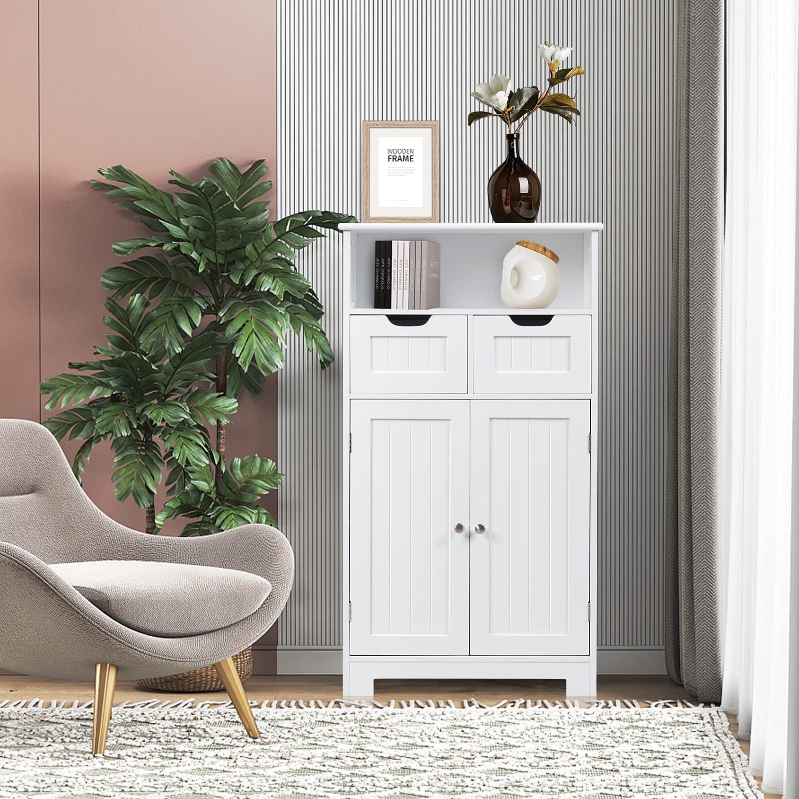Rainfally Bathroom Storage Cabinet with Open Shelf, 2 Doors & Adjustable Drawers - White Standing Cupboard for Kitchen, Bathroom, Bedroom & Office - Perfect for Organizing Towels, Toiletries & Cleaning Supplies