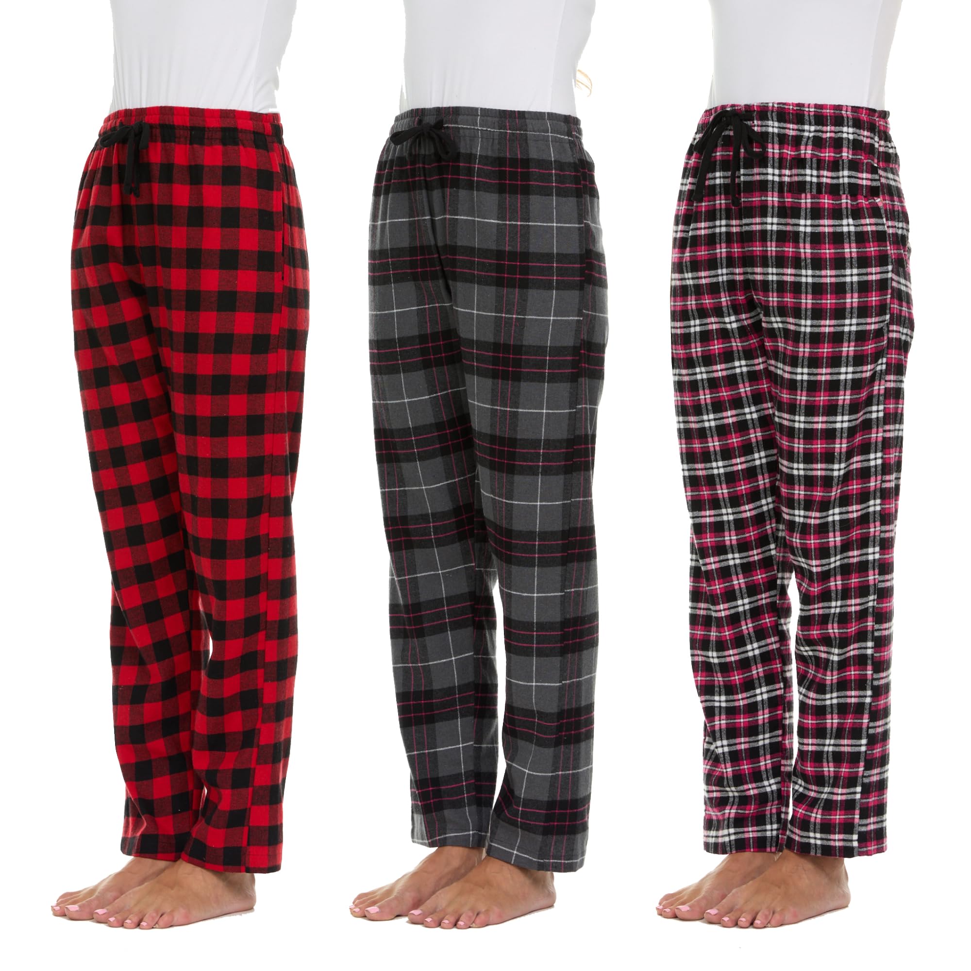 Women's Flannel Plaid Pajama Pants - 3 Pack Soft Cotton Blend Lounge Pants for Sleeping, Relaxing & Home Comfort - Cozy Winter Sleepwear for Women