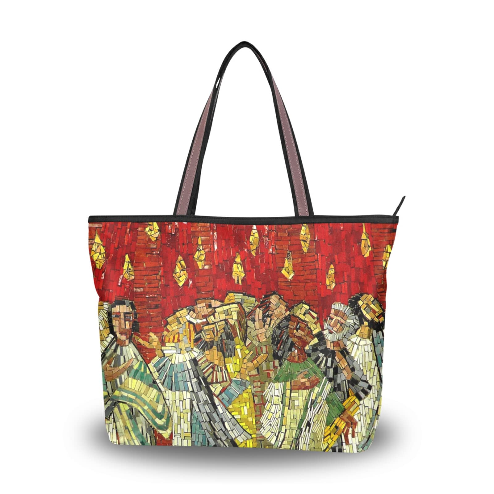 Aesthetic Mosaic Painting Tote Bag for Women - Large Capacity Zippered Grocery Purse (2 Sizes) - Perfect for Shopping, Beach Trips & Daily Use