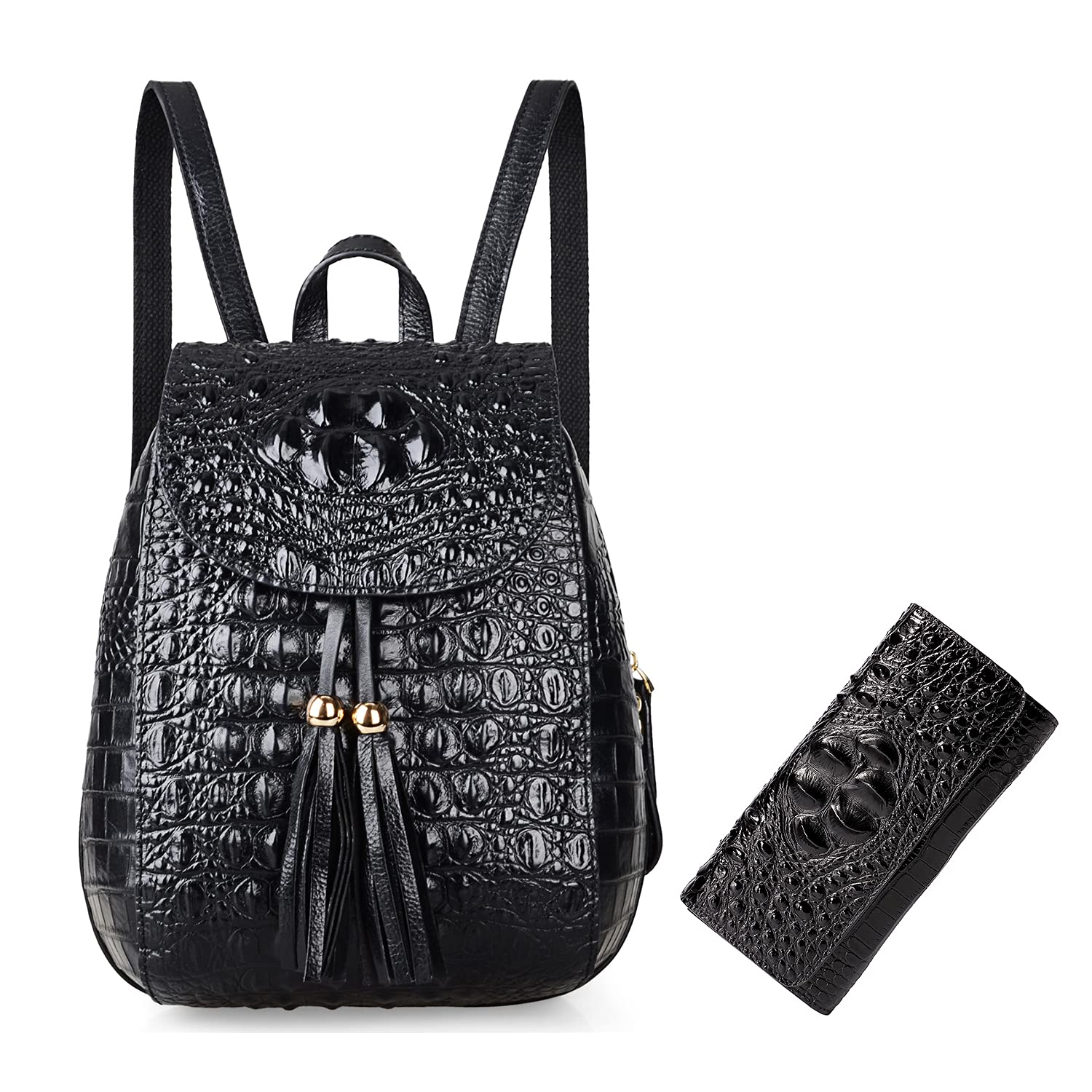 Premium PU Leather Backpack for Women - Stylish Crocodile Embossed Handbag with Matching Wallet Set - Perfect for Work, Travel & Daily Use