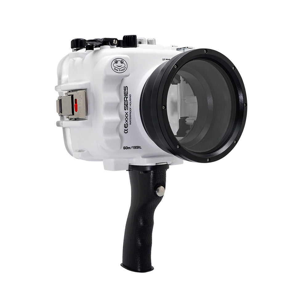 SeaFrogs 60M/195FT Waterproof Housing for Sony A6xxx Series - White Salted Line with Pistol Grip (Gen 3) - Perfect for Underwater Photography, Scuba Diving & Marine Exploration