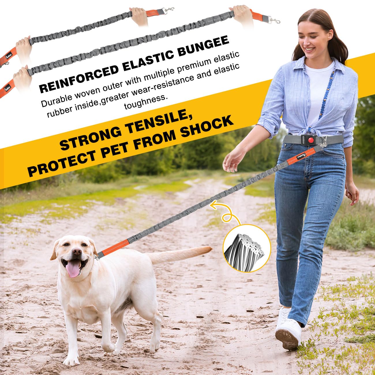**Hands Free Dog Leash with Waist Belt – Adjustable Bungee Leash for Walking, Hiking & Running | Reflective Stitching & Double Handle | Perfect for Active Pet Owners (Grey)**    *(Use Case: Ideal for jogging, hiking, or daily walks with your dog while keeping your hands free for convenience and safety.)*