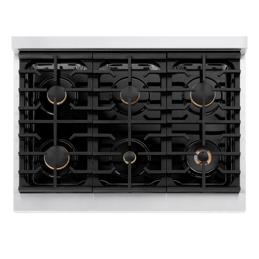 ZLINE Autograph Edition 36-inch 5.2 cu. ft. Dual Fuel Range - 6 Burner Gas Cooktop & Electric Convection Oven - Satin Stainless Steel with Black Matte Door & Polished Gold Accents (SDRSZ BLM 36 G) - Perfect for Gourmet Kitchens & Professional Chefs