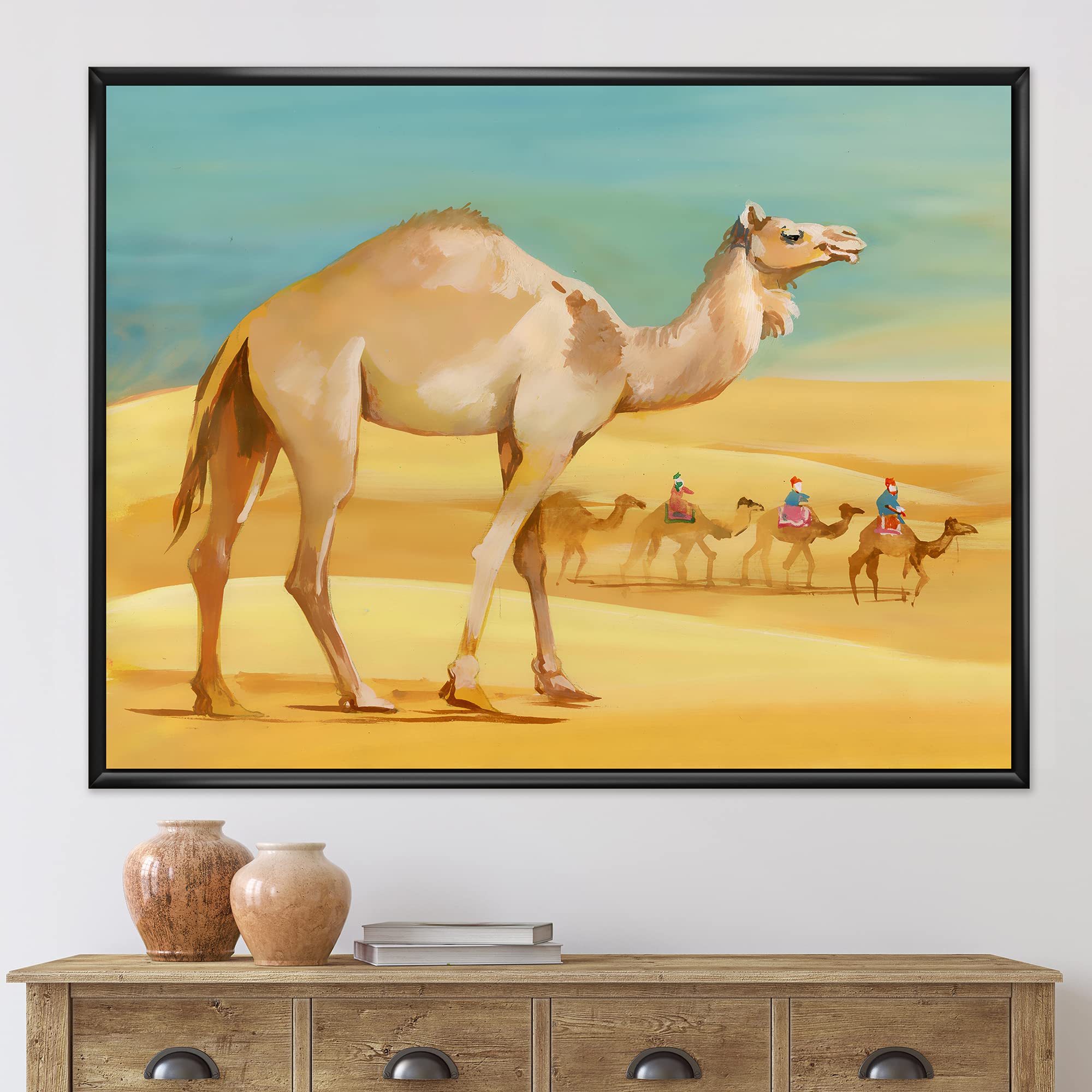 DesignQ Camels In Desert - Farmhouse Framed Canvas Wall Art Print | Desert Landscape Painting for Living Room, Bedroom & Office Decor | Western Home Decor & Wall Art Gift