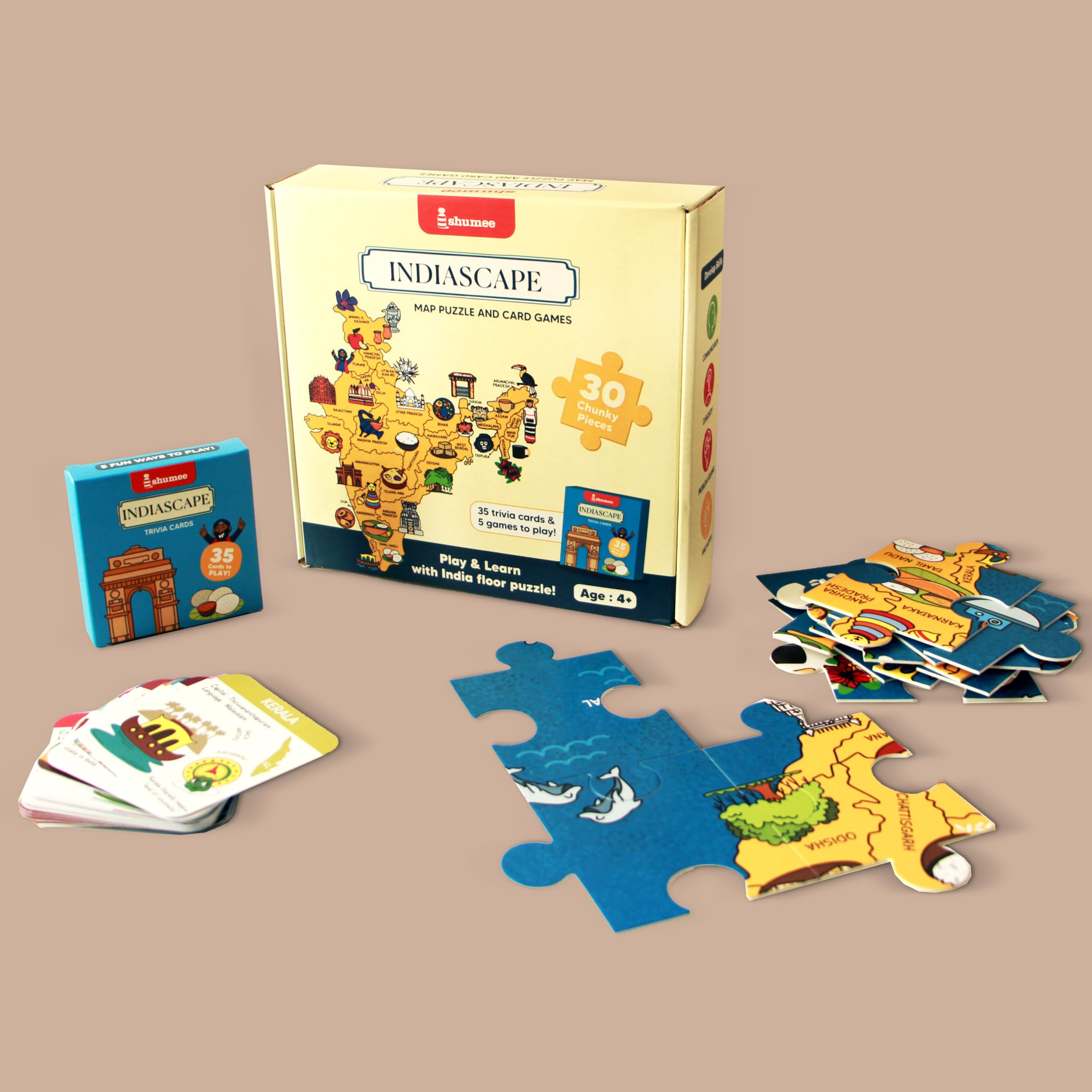 Shumee Indiascape Map Puzzle and Card Games Set - 30 Piece Educational Puzzle, 35 Geography Trivia Cards & 5 Fun Games for Kids Ages 4+ - Multicolor Learning Toys for Home & Classroom Use