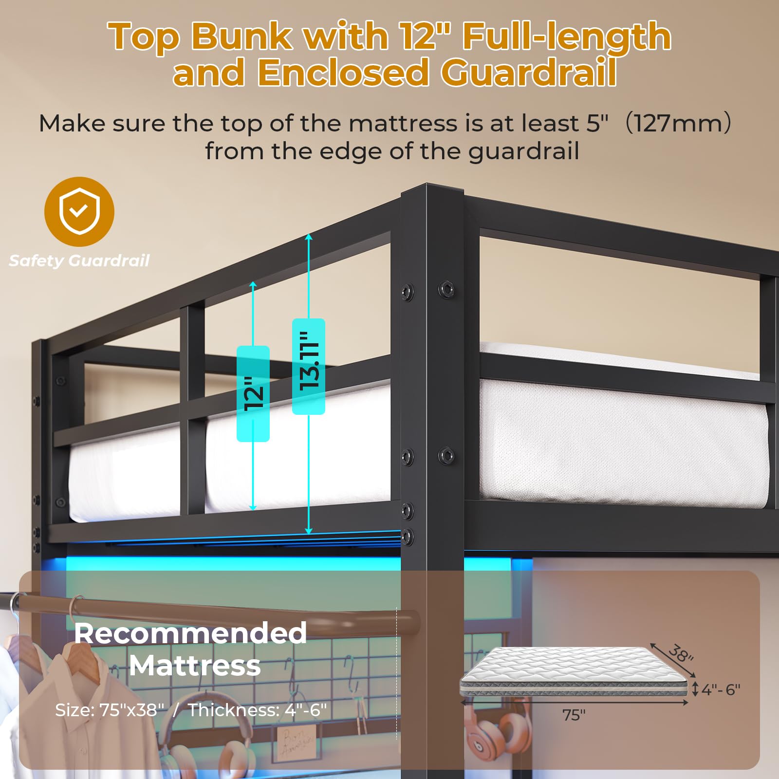 Twin Over Twin L-Shaped Metal Bunk Bed with Built-In Desk, USB Charging Station, LED Lights & Storage (Shelves + Drawers) - Safety Guardrail & Ladder Included - Space-Saving Loft Bed for Teens & Small Rooms - Perfect for Dorm, Apartment or Kids' Bedroom (Black)