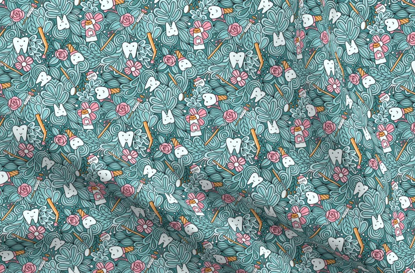 Dentist Teeth Doodles Cute Tooth Print Denim Fabric by The Yard - Bottomweight Cotton Material for Apparel, Home Decor & Upholstery - Perfect for DIY Scrubs, Curtains & Craft Projects