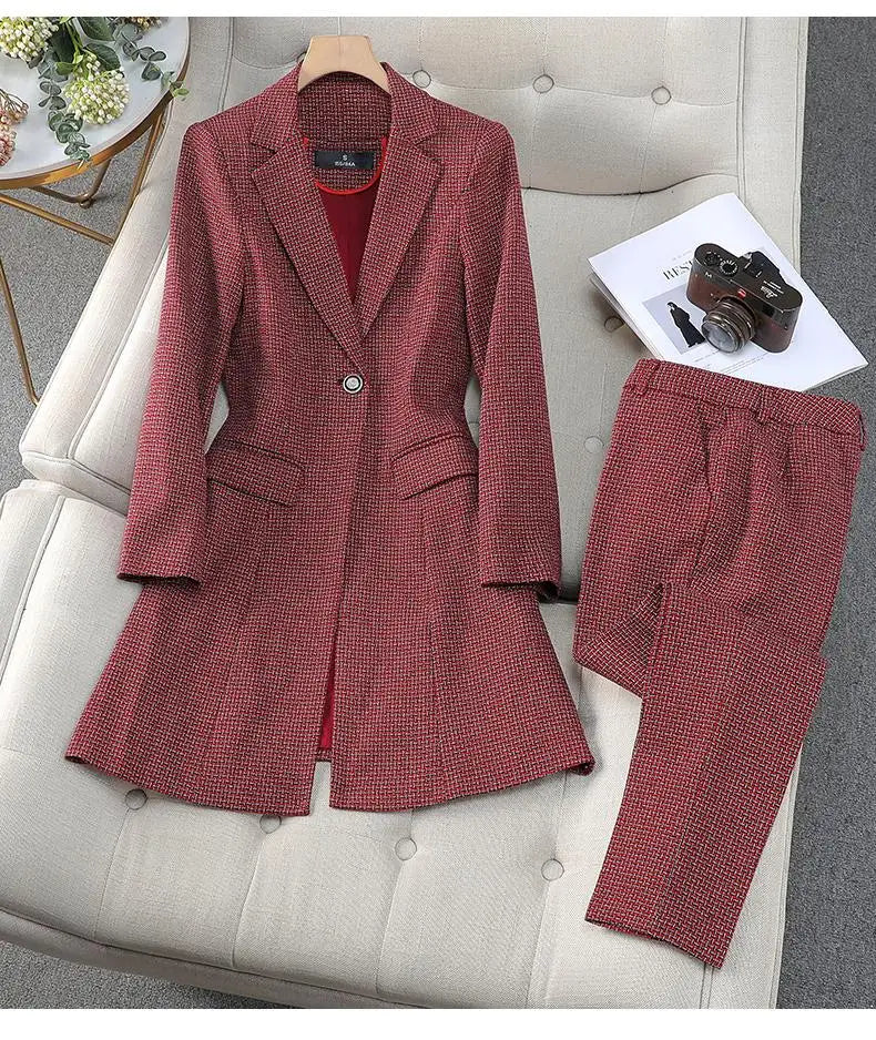 Women's Autumn Winter Formal Office Business Suit Set - Slim Fit Plaid Blazer & High Waist Ankle Pants | Professional Work Attire for Business Meetings & Corporate Events
