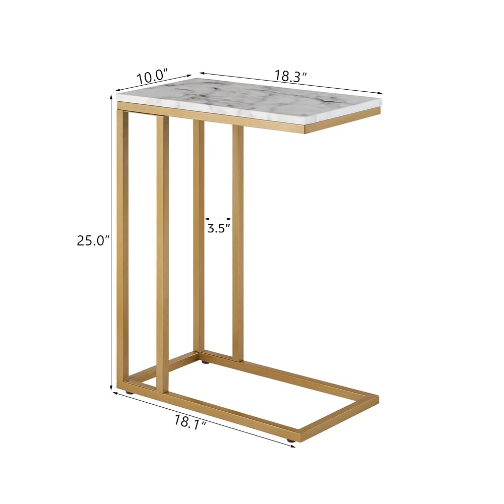Modern C-Shape Side End Table with Faux Marble Tray & Metal Frame - Gold Snack Table, Laptop Stand, Coffee Holder - Set of 2 - Perfect for Living Room, Bedroom, or Office Use