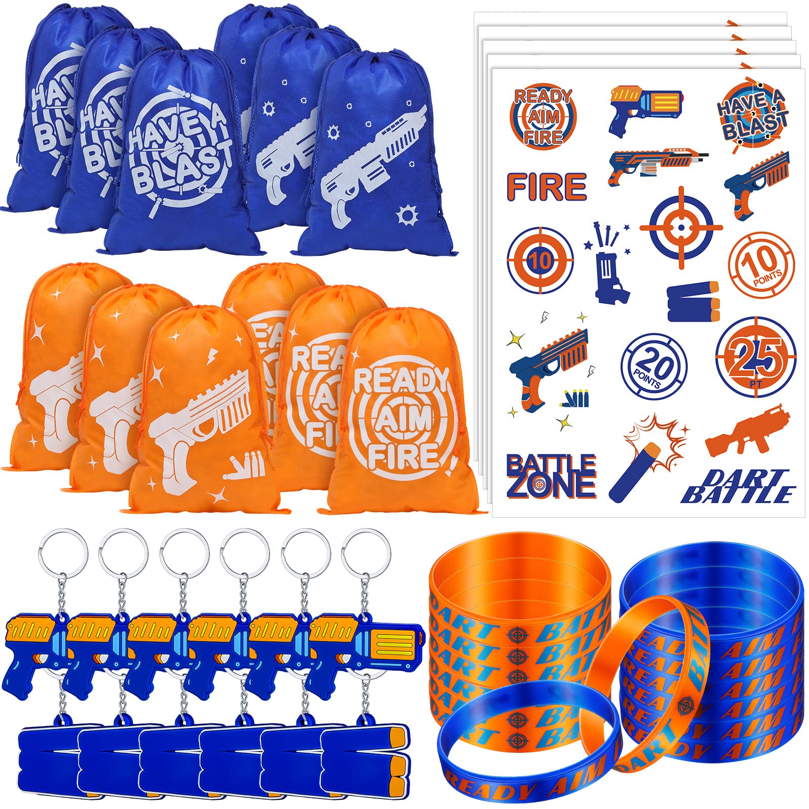 Sureio 288 Pcs Dart Battle Party Supplies Set - Includes War Party Favors, Goody Bags, Silicone Bracelets, Keychains & Temporary Tattoos - Perfect for Battle Themed Birthday Parties, Nerf Wars & Team Building Events