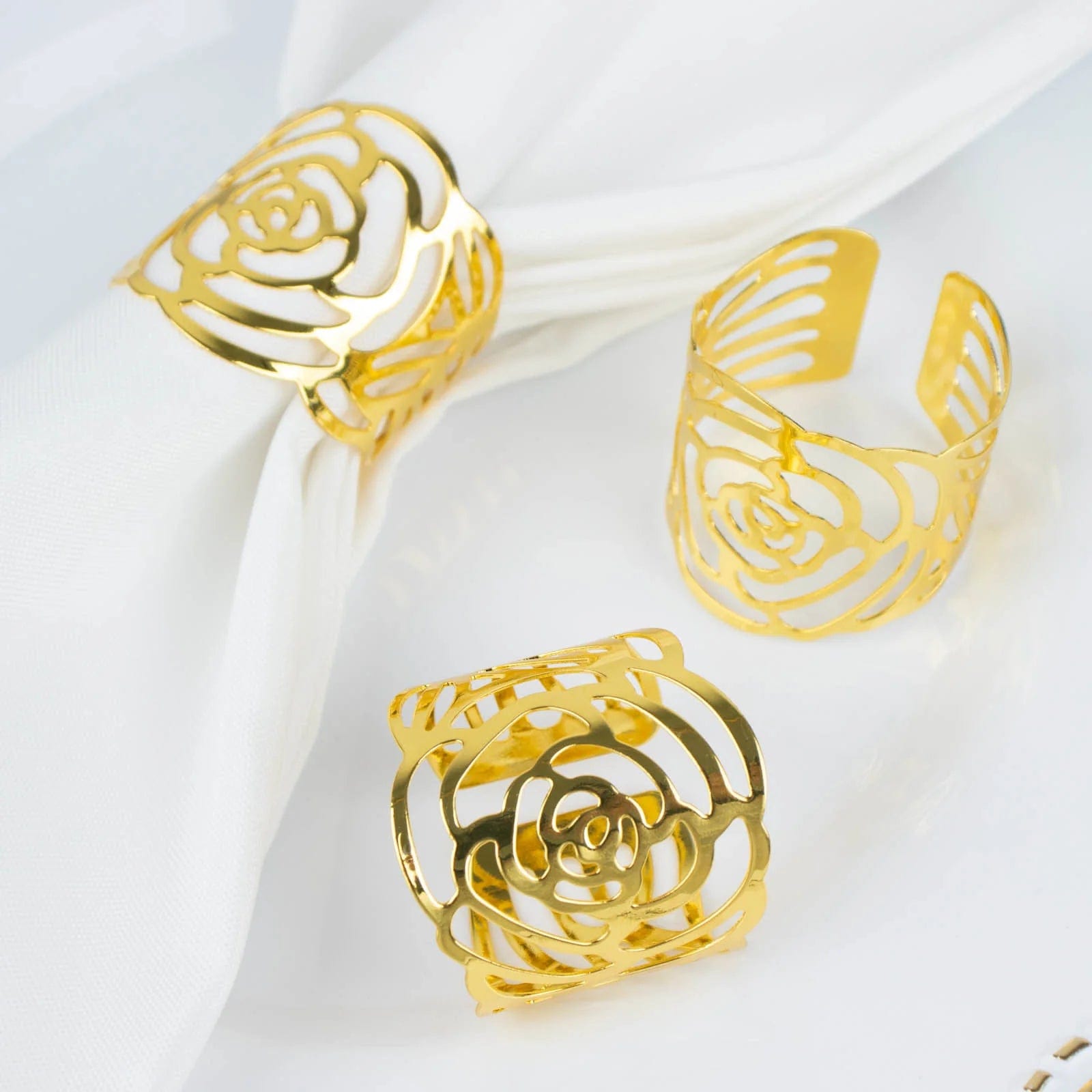 4 Pack Laser Cut Rose Flower Design Decorative Metal Napkin Rings - Gold for Wedding, Party, and Holiday Table Decor