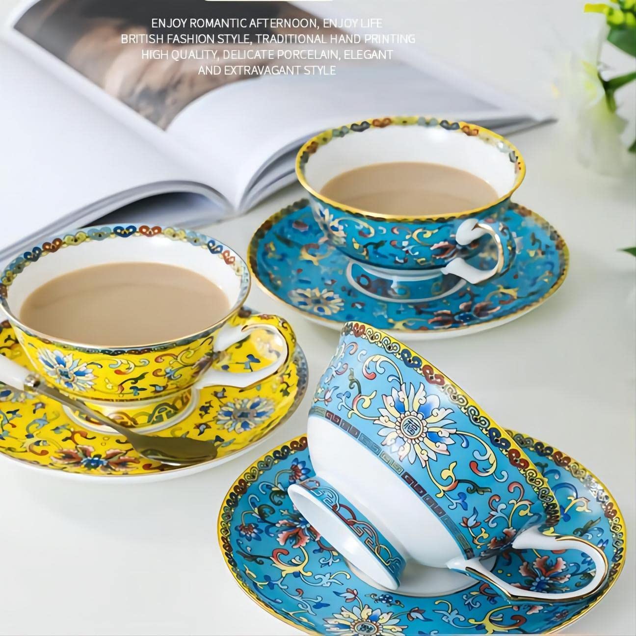 Premium 7 oz European Ceramic Bone China Coffee Cups Set of 2 with Saucers & Metal Holder - Elegant Yellow Design for Au Lait, Latte, Mocha, Tea & Cappuccino - Perfect Mother's Day Gift for Home, Cafe & Restaurant Use